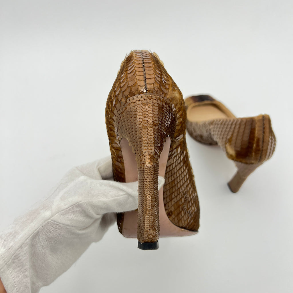 Prada | Gold Bronze Sequin Peep Toe Stiletto Heels (36)