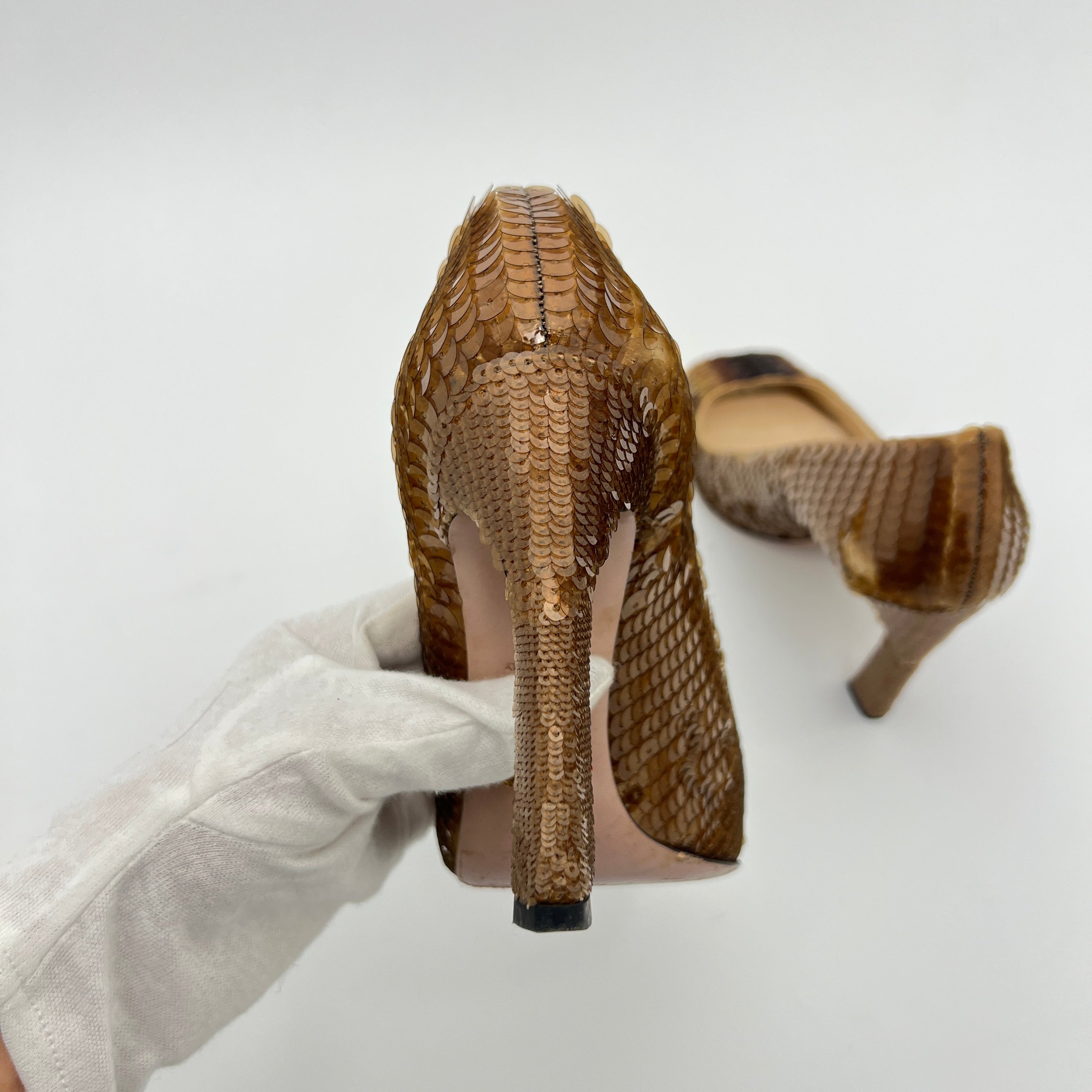 Prada | Gold Bronze Sequin Peep Toe Stiletto Heels (36)