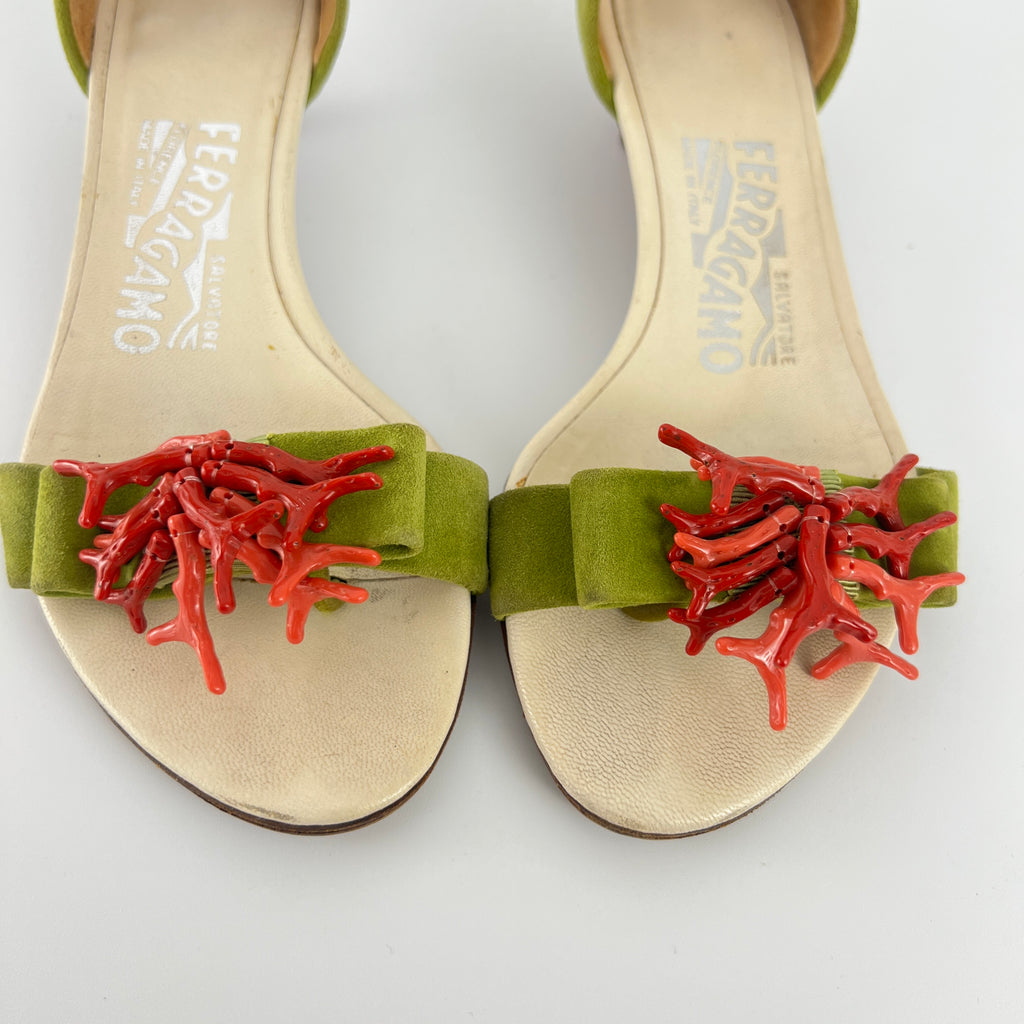 Ferragamo | Red Coral Green Suede Leather Thong Sandal Kitten Heel (4 , 34)