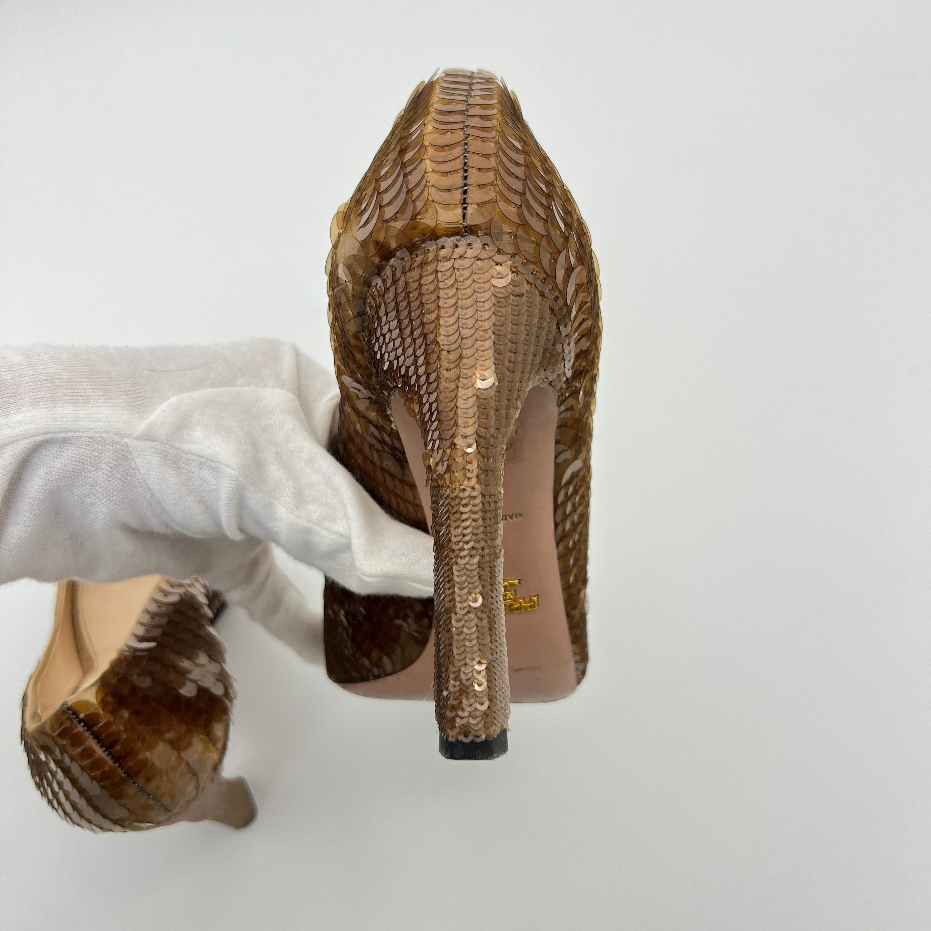 Prada | Gold Bronze Sequin Peep Toe Stiletto Heels (36)