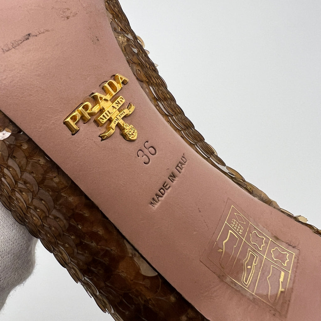 Prada | Gold Bronze Sequin Peep Toe Stiletto Heels (36)