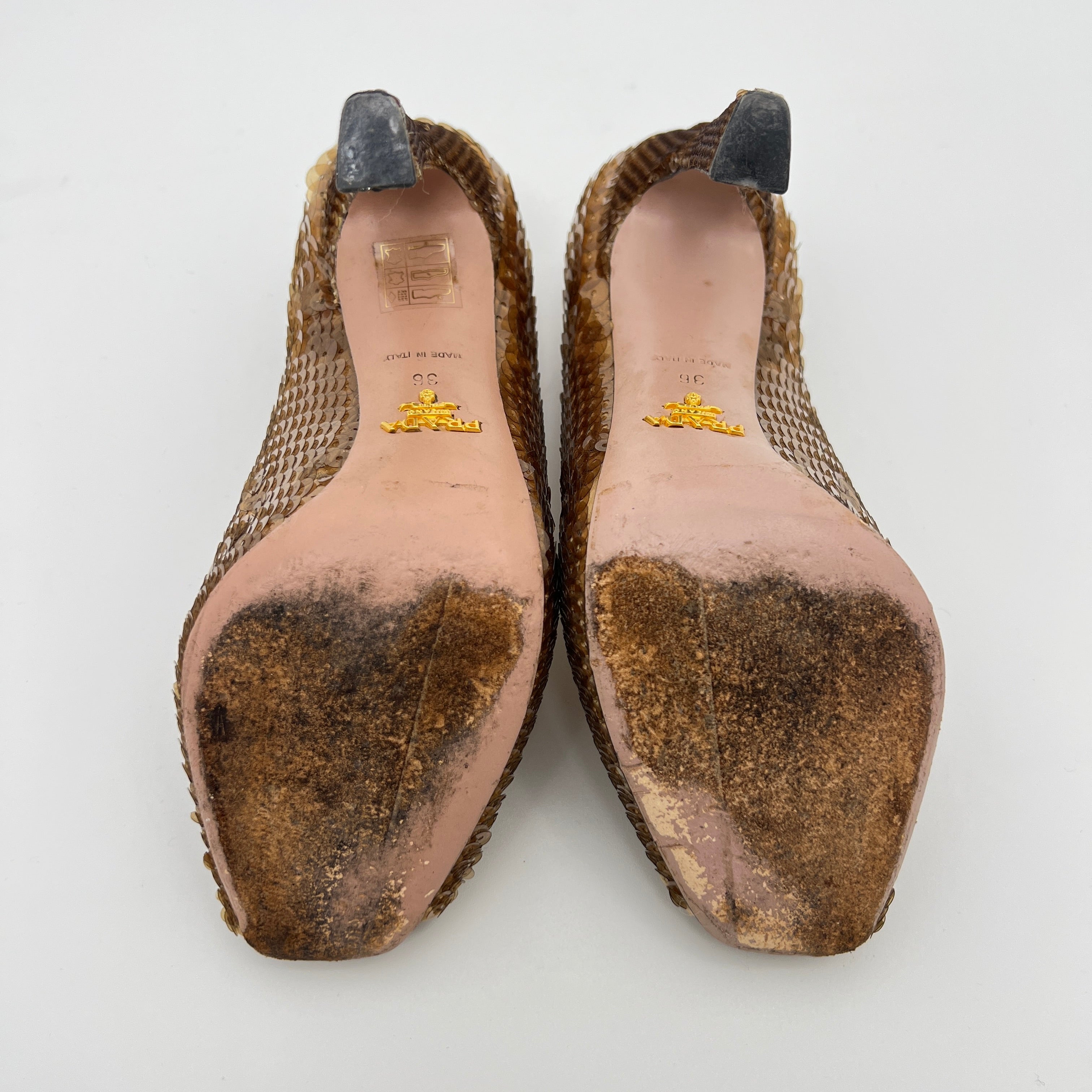 Prada | Gold Bronze Sequin Peep Toe Stiletto Heels (36)