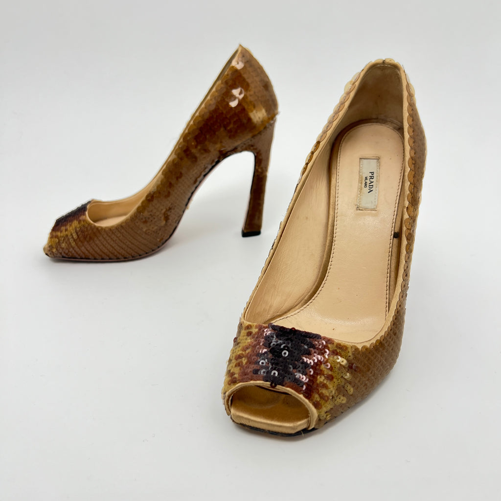Prada | Gold Bronze Sequin Peep Toe Stiletto Heels (36)