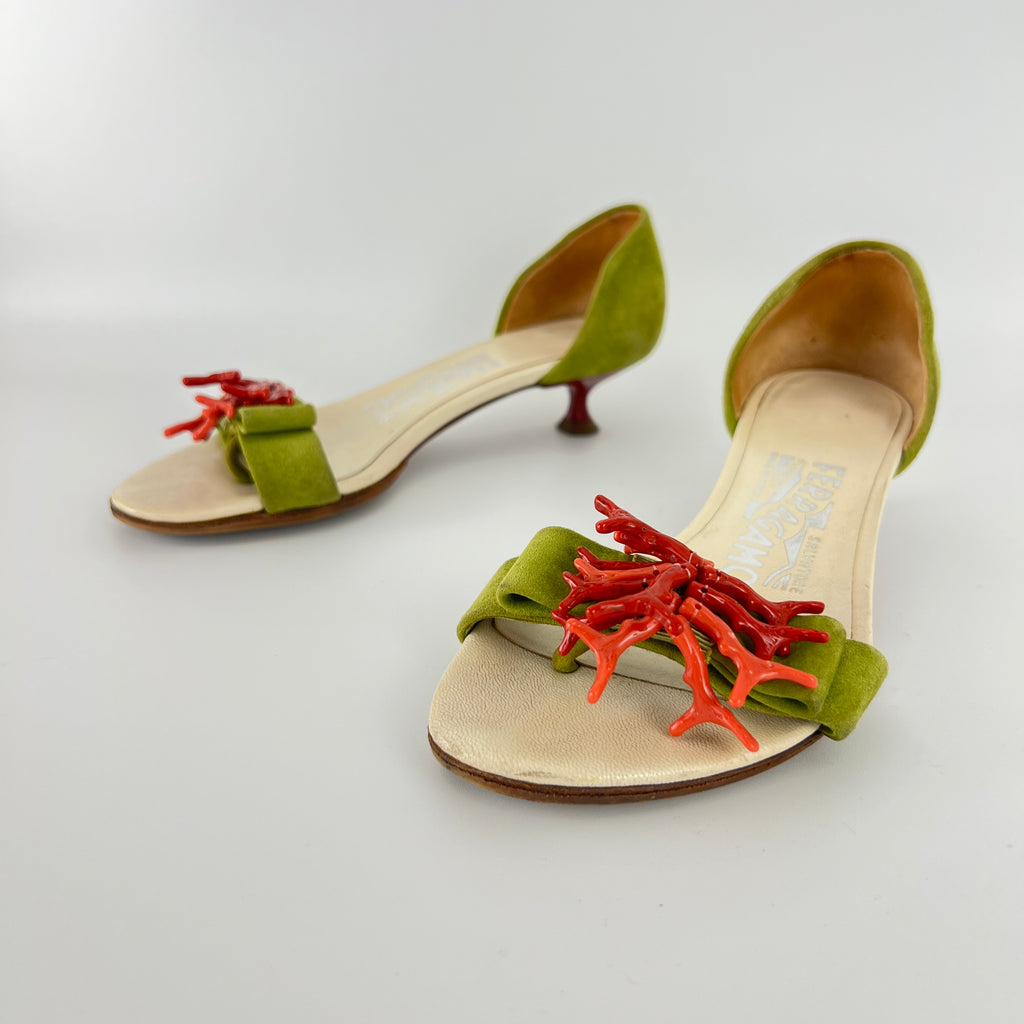 Ferragamo | Red Coral Green Suede Leather Thong Sandal Kitten Heel (4 , 34)