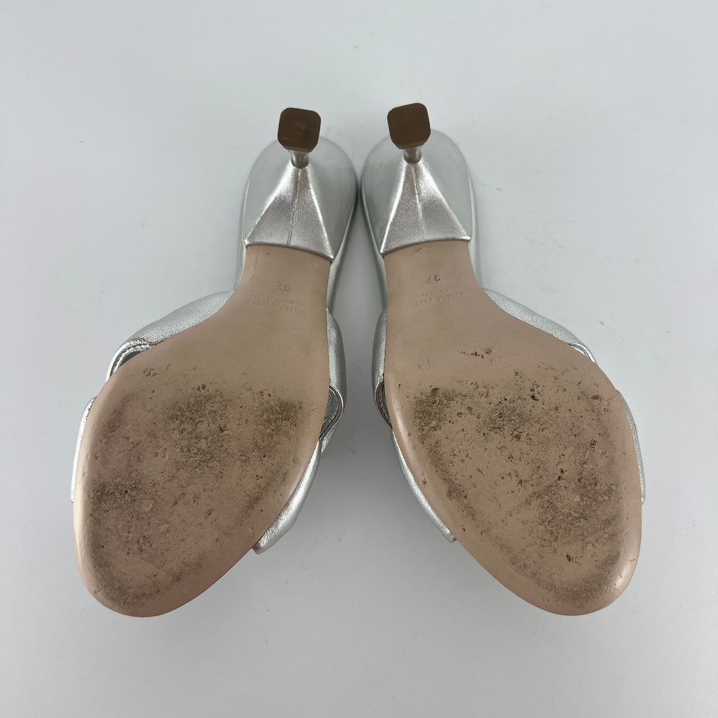 Miu Miu | Metallic Silver Leather Knot Metal Heel Slide Mules (37)