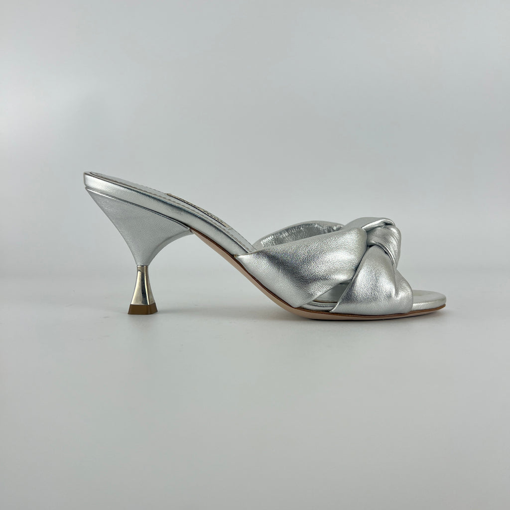 Miu Miu | Metallic Silver Leather Knot Metal Heel Slide Mules (37)