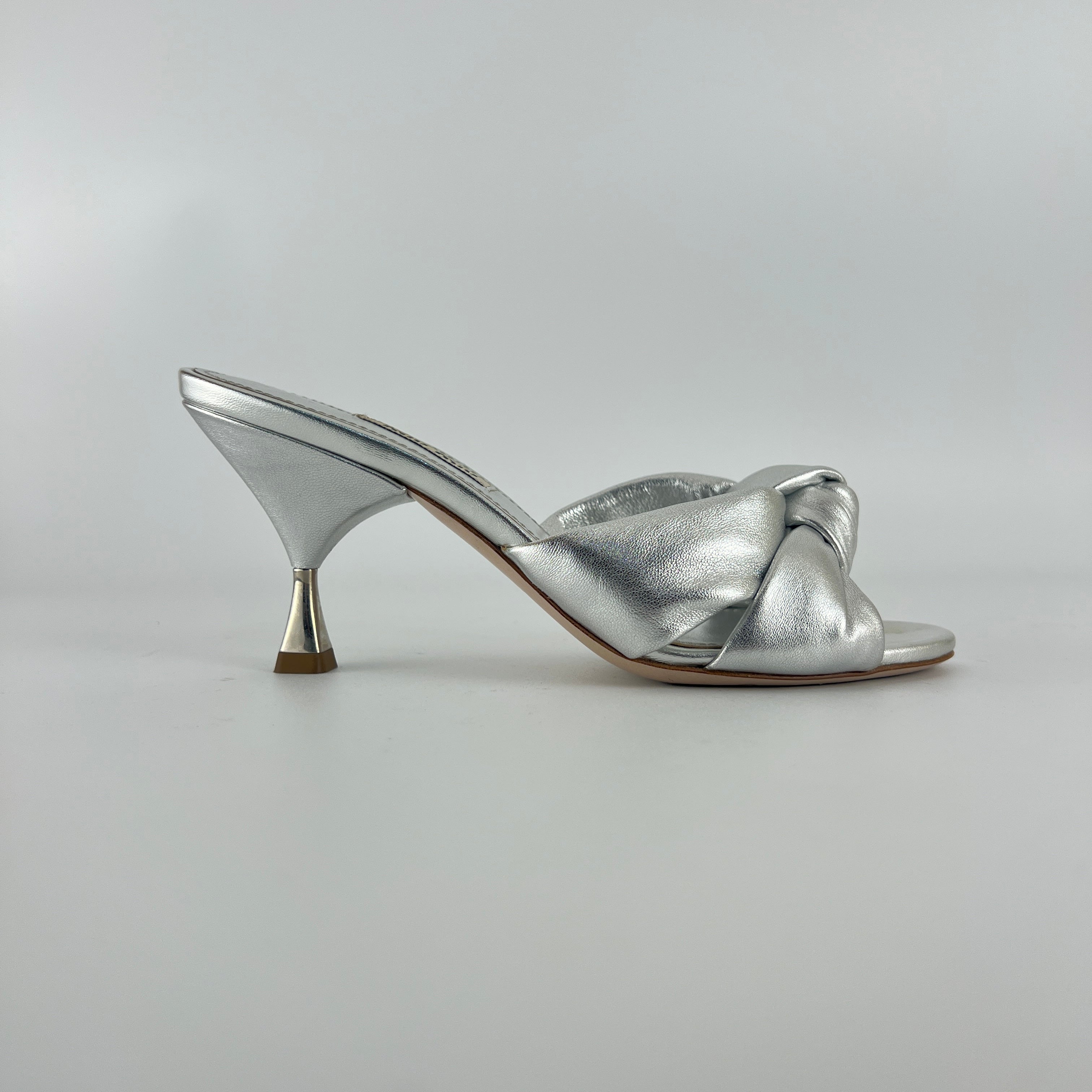 Miu Miu | Metallic Silver Leather Knot Metal Heel Slide Mules (37)