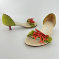 Ferragamo | Red Coral Green Suede Leather Thong Sandal Kitten Heel (4 , 34)