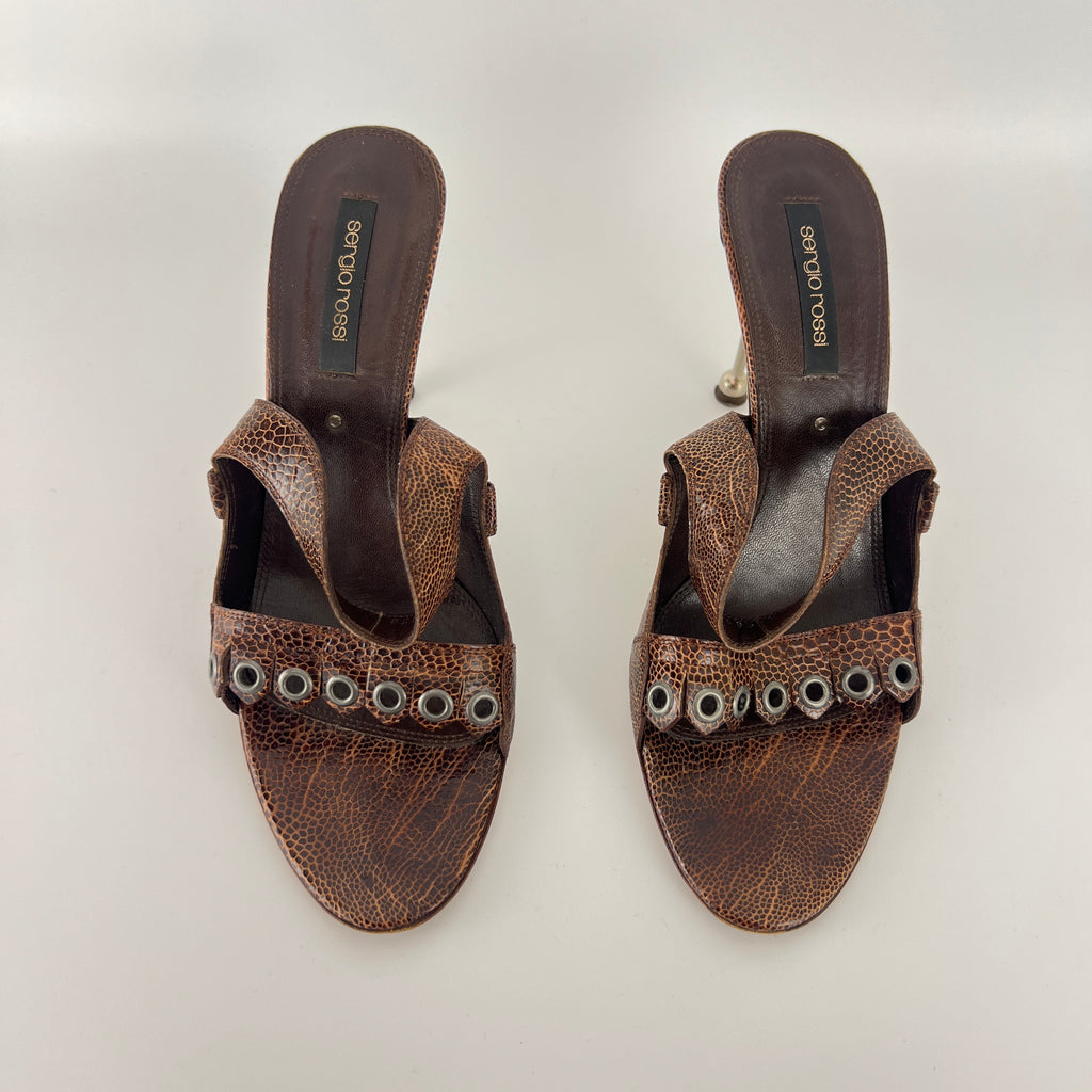Sergio Rossi | Brown Snake Embossed Leather Silver Eyelet Mules (37.5)