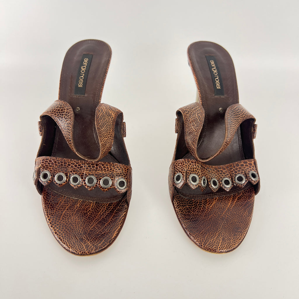 Sergio Rossi | Brown Snake Embossed Leather Silver Eyelet Mules (37.5)