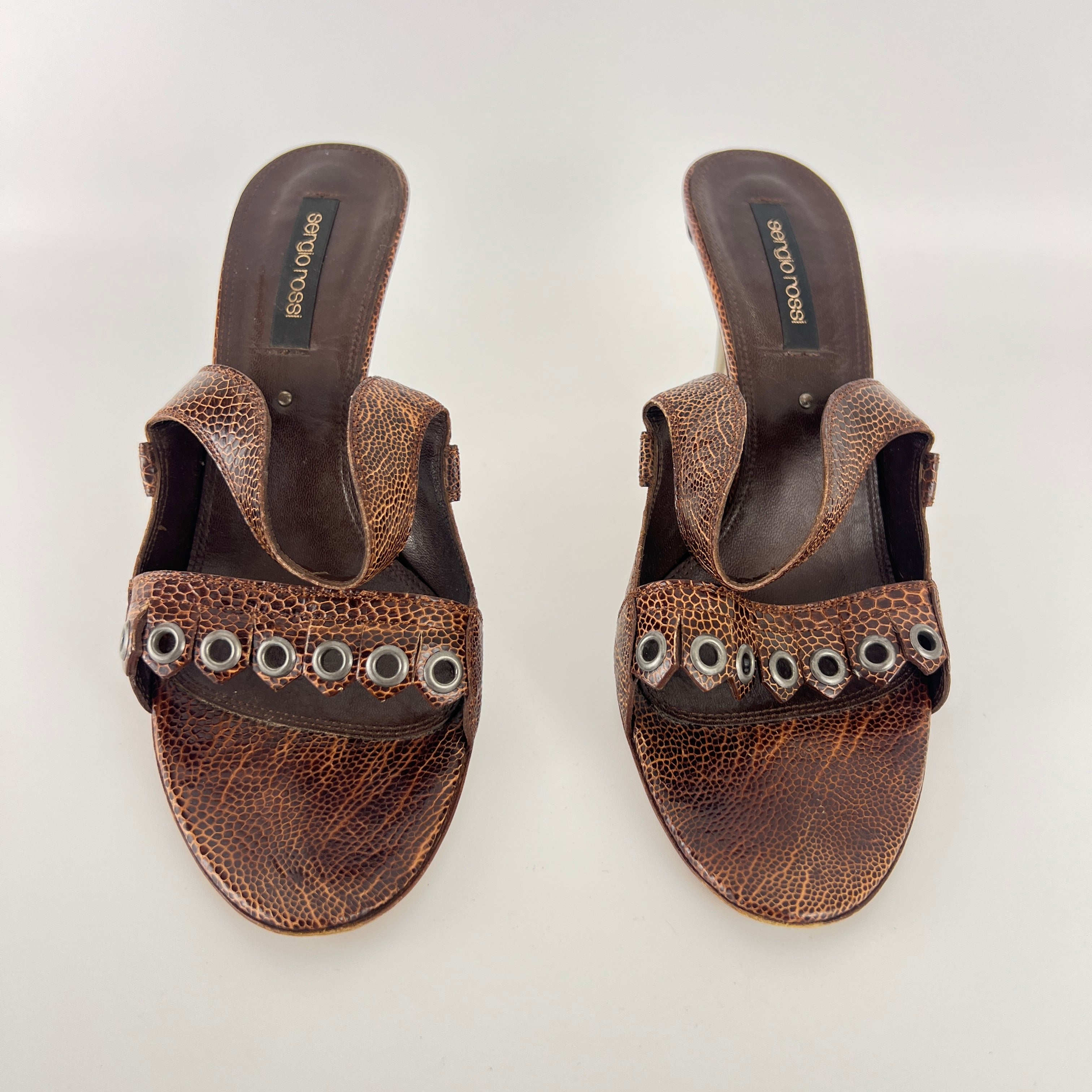 Sergio Rossi | Brown Snake Embossed Leather Silver Eyelet Mules (37.5)