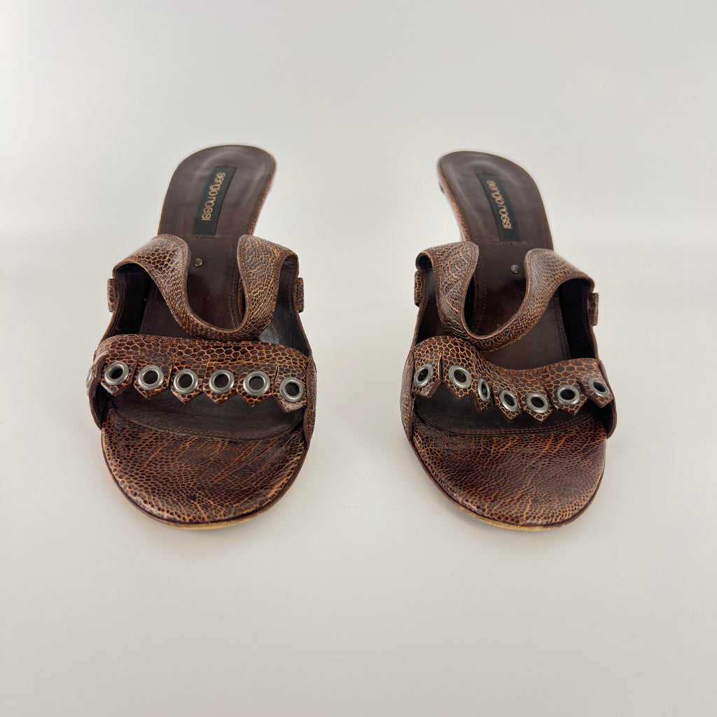 Sergio Rossi | Brown Snake Embossed Leather Silver Eyelet Mules (37.5)