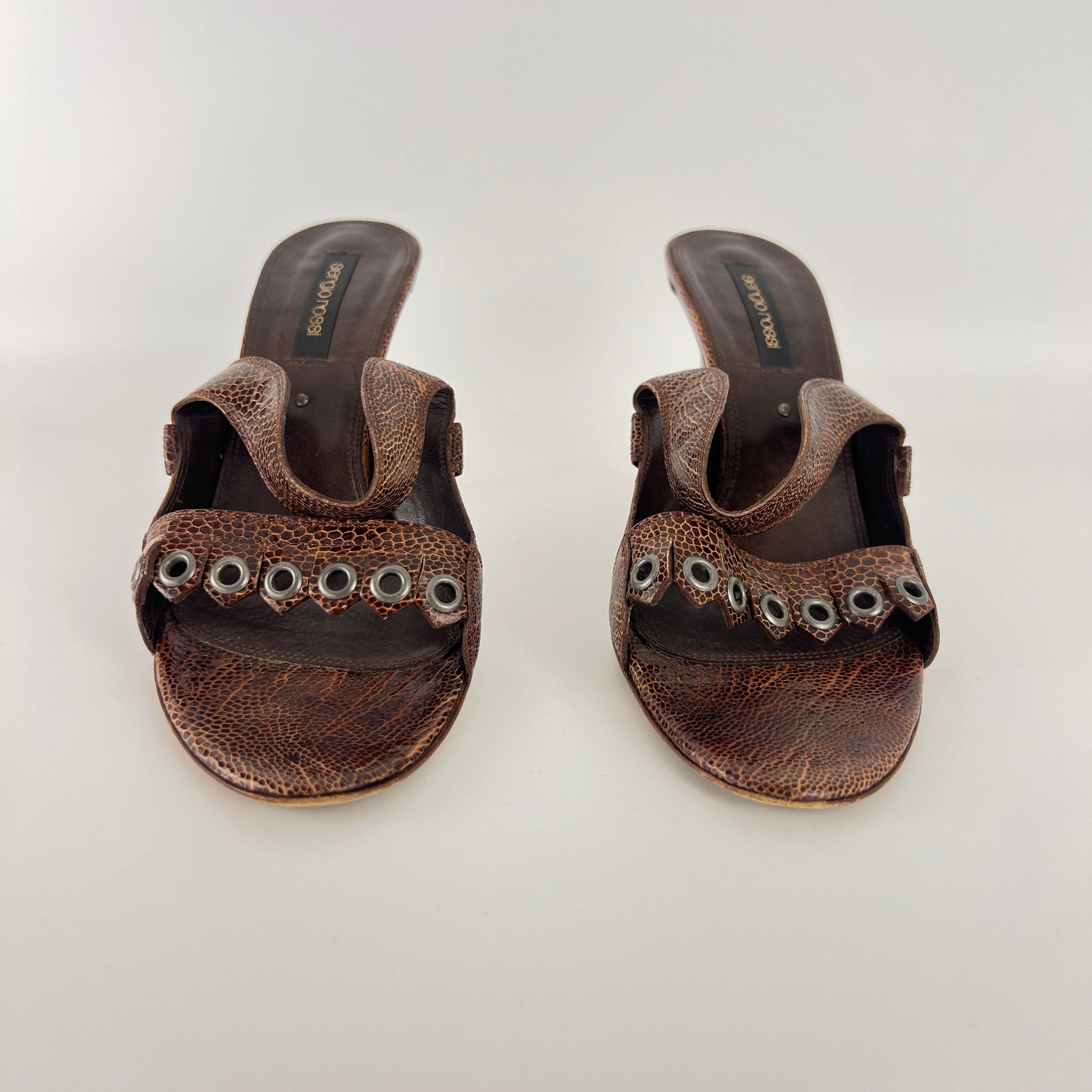 Sergio Rossi | Brown Snake Embossed Leather Silver Eyelet Mules (37.5)