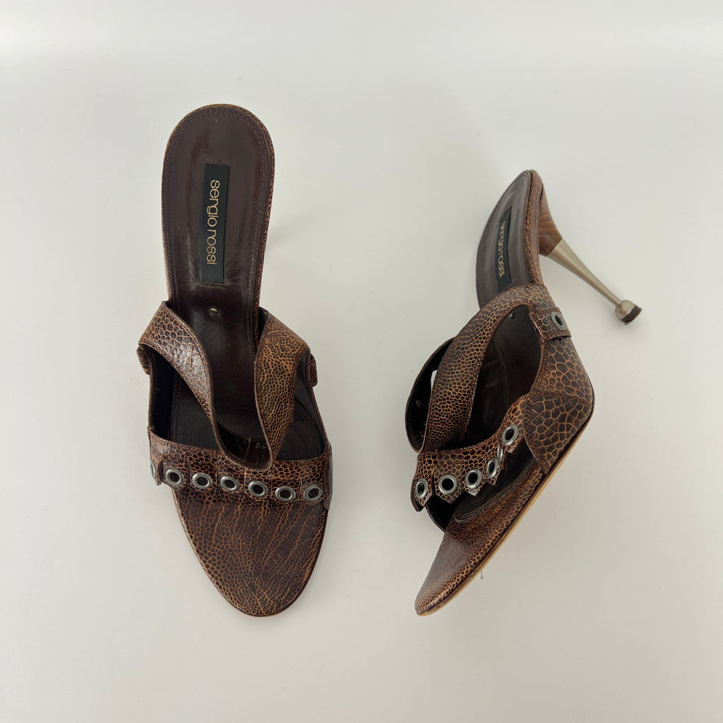 Sergio Rossi | Brown Snake Embossed Leather Silver Eyelet Mules (37.5)