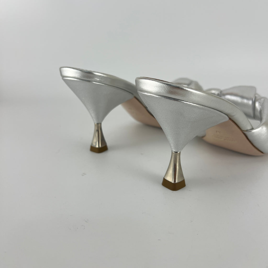 Miu Miu | Metallic Silver Leather Knot Metal Heel Slide Mules (37)