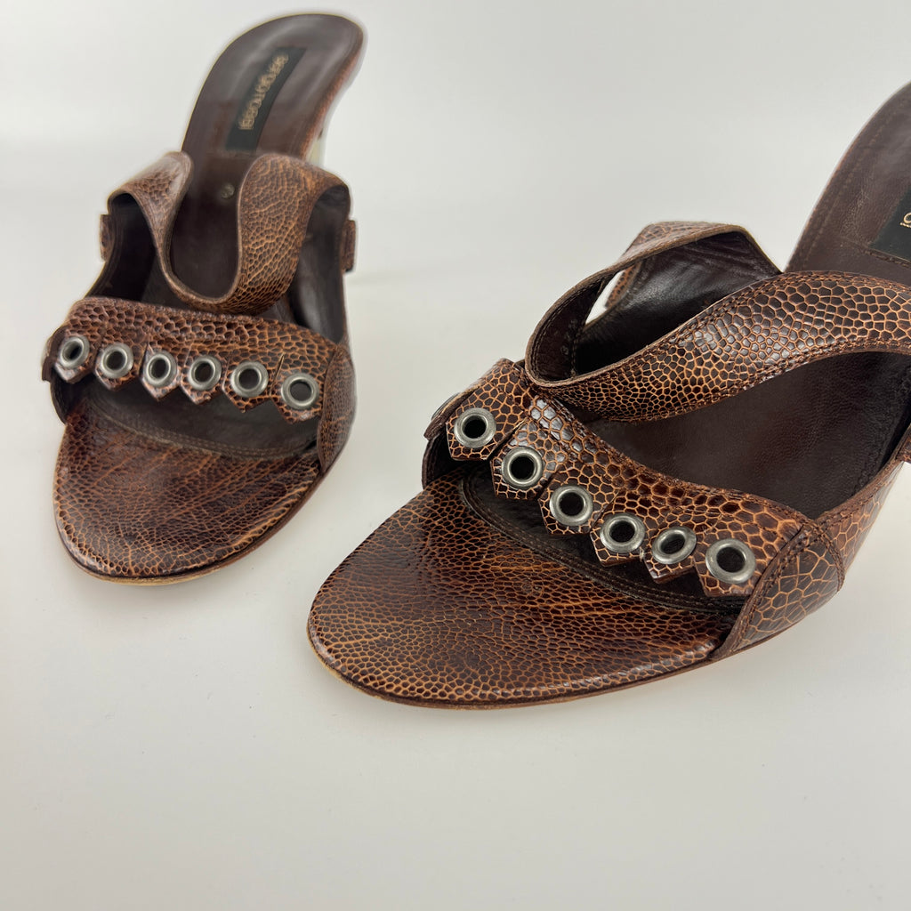 Sergio Rossi | Brown Snake Embossed Leather Silver Eyelet Mules (37.5)