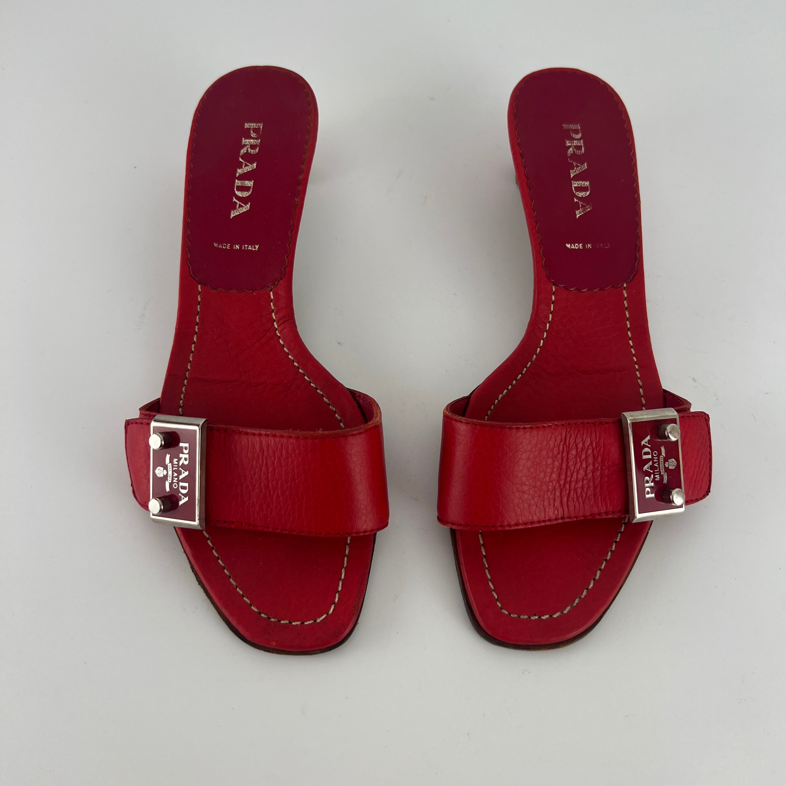Prada | Vintage Red Leather Enamel Logo Plate Kitten Heel Slide Mule (37)