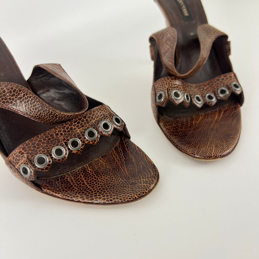 Sergio Rossi | Brown Snake Embossed Leather Silver Eyelet Mules (37.5)