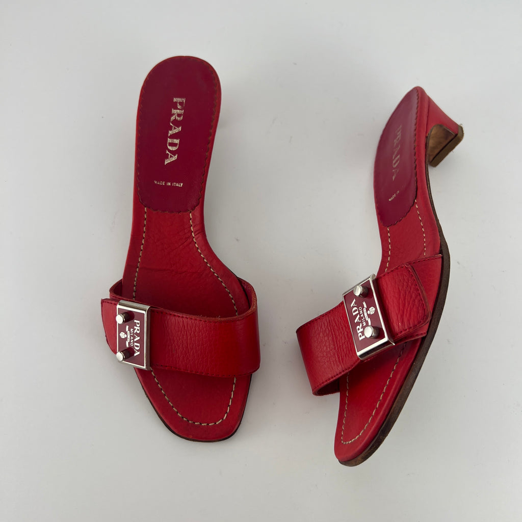 Prada | Vintage Red Leather Enamel Logo Plate Kitten Heel Slide Mule (37)