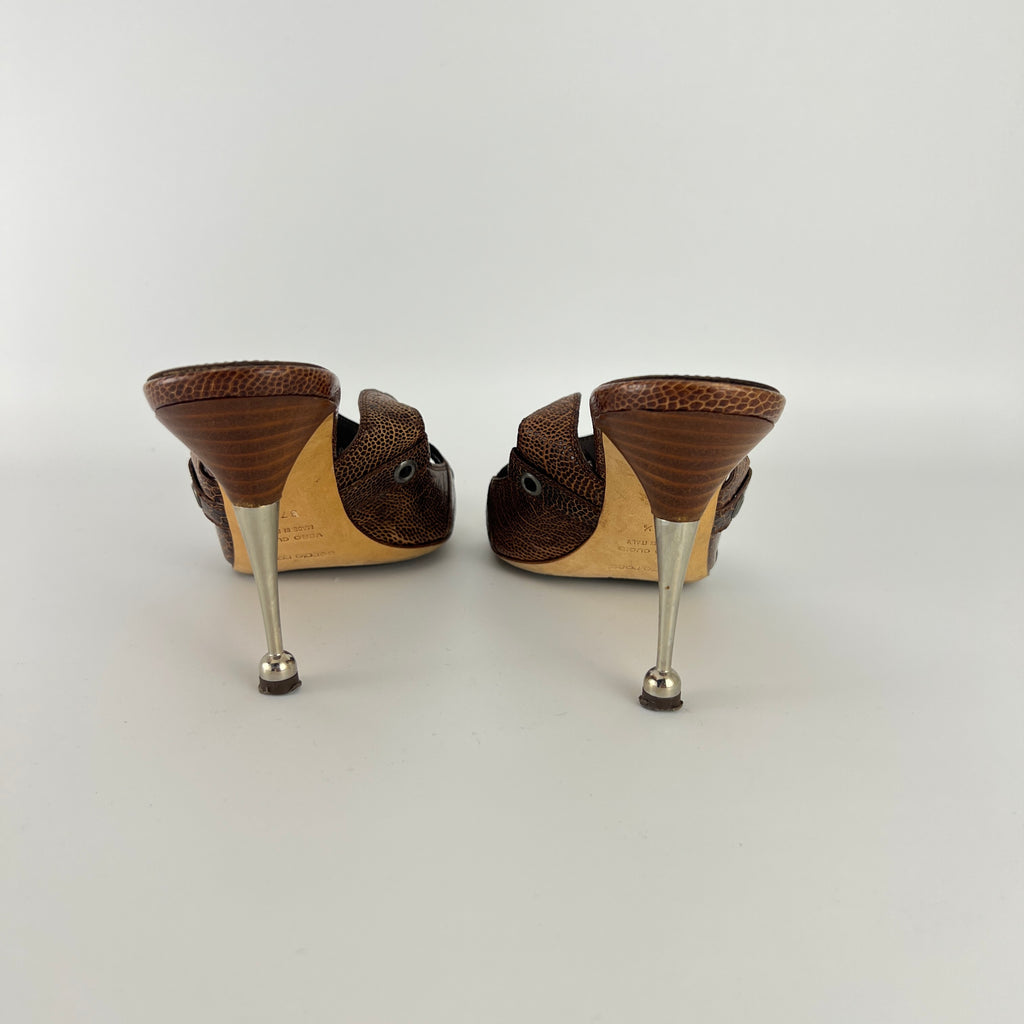 Sergio Rossi | Brown Snake Embossed Leather Silver Eyelet Mules (37.5)