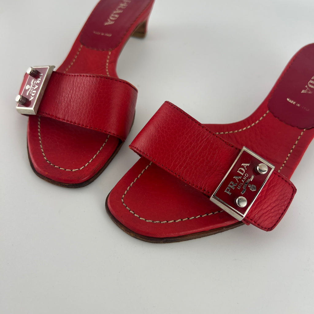 Prada | Vintage Red Leather Enamel Logo Plate Kitten Heel Slide Mule (37)