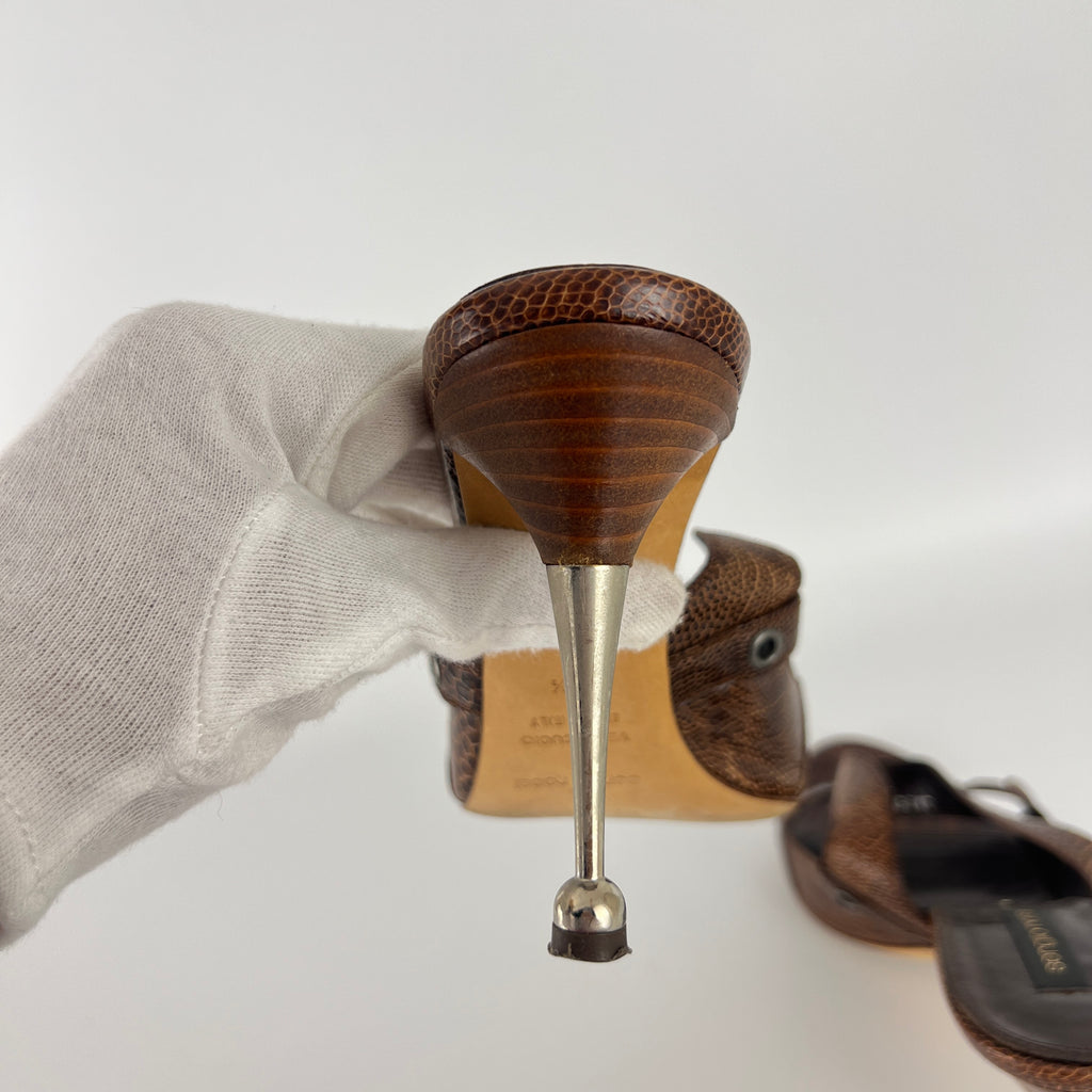 Sergio Rossi | Brown Snake Embossed Leather Silver Eyelet Mules (37.5)