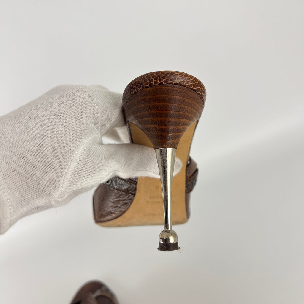 Sergio Rossi | Brown Snake Embossed Leather Silver Eyelet Mules (37.5)
