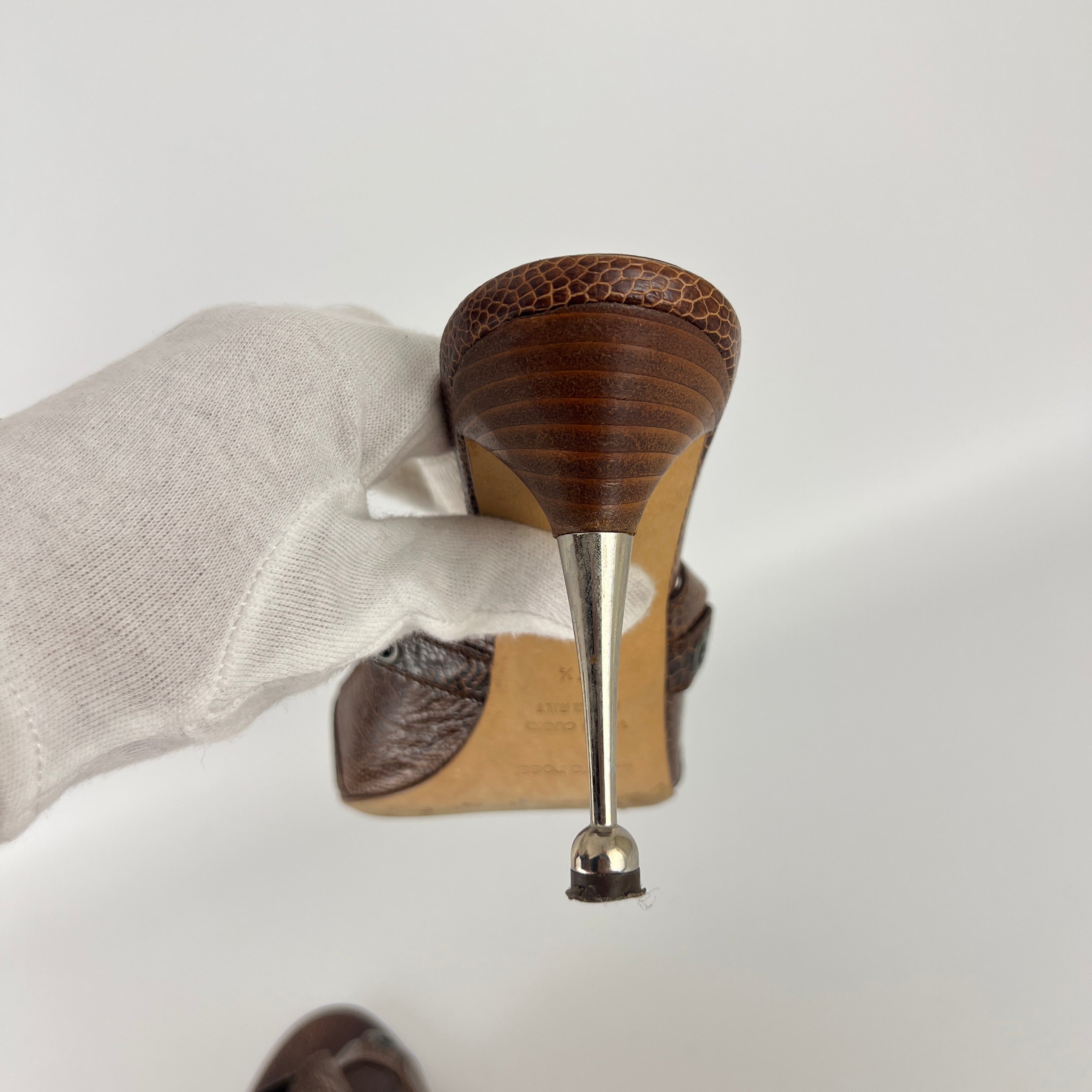 Sergio Rossi | Brown Snake Embossed Leather Silver Eyelet Mules (37.5)