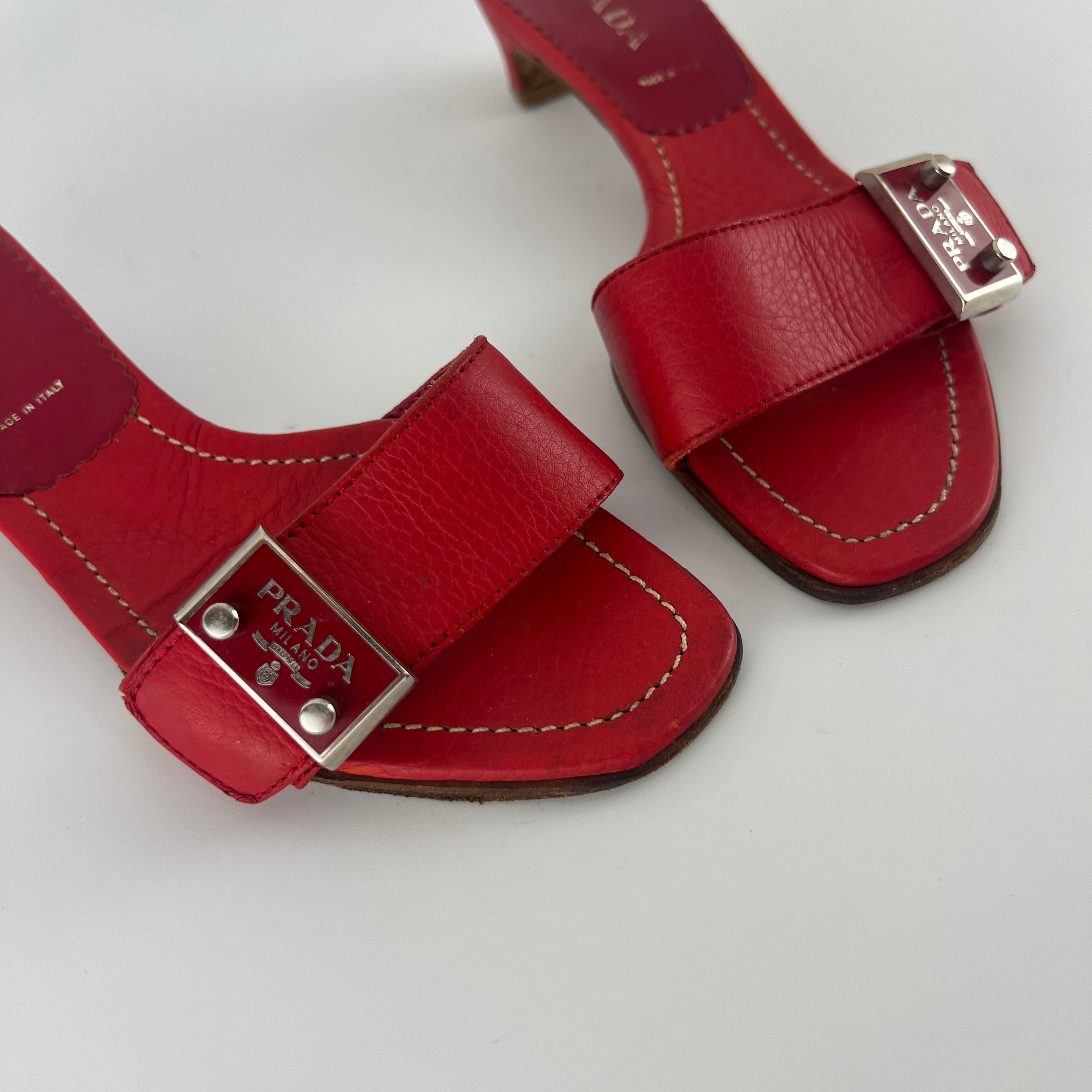 Prada | Vintage Red Leather Enamel Logo Plate Kitten Heel Slide Mule (37)