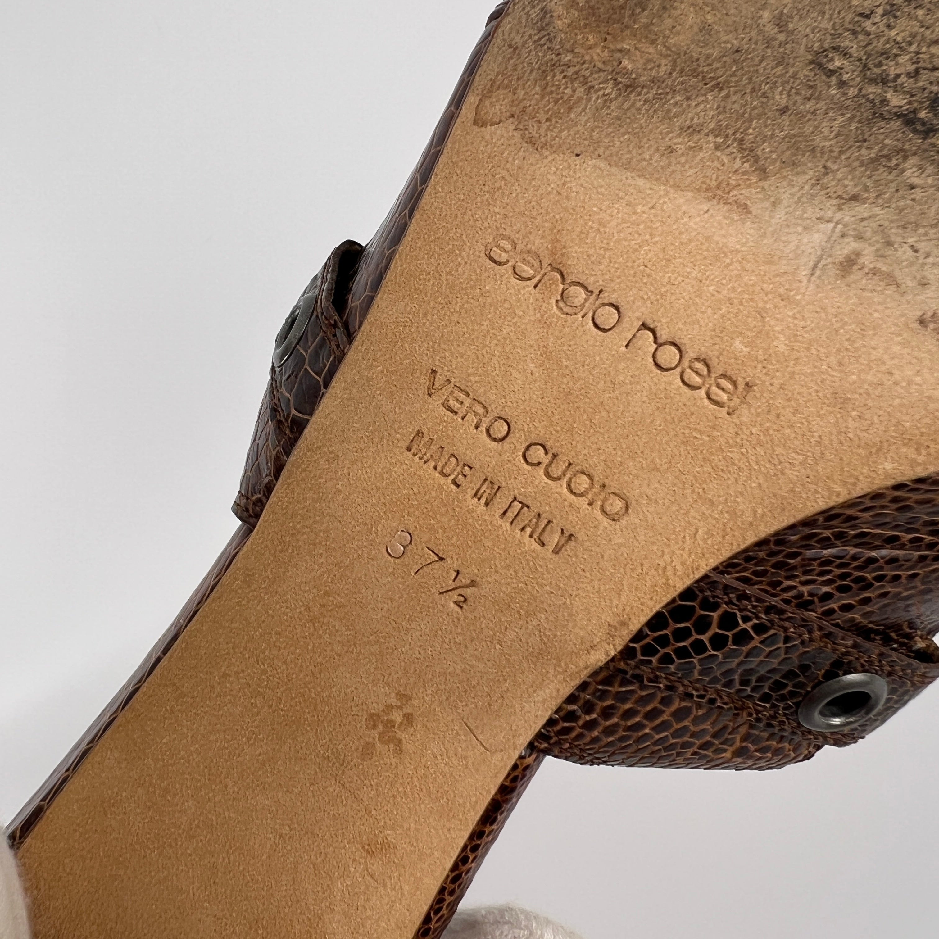Sergio Rossi | Brown Snake Embossed Leather Silver Eyelet Mules (37.5)