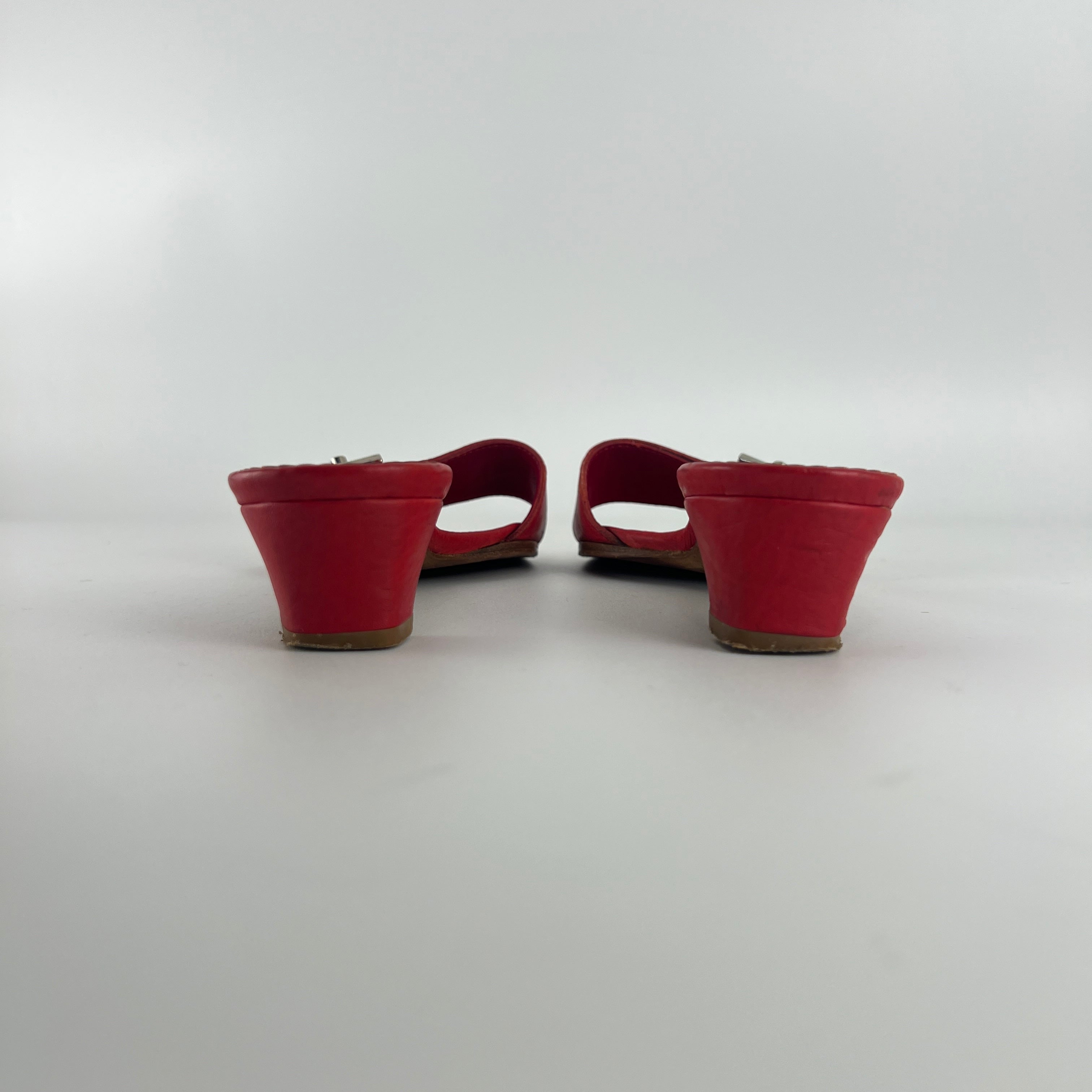 Prada | Vintage Red Leather Enamel Logo Plate Kitten Heel Slide Mule (37)