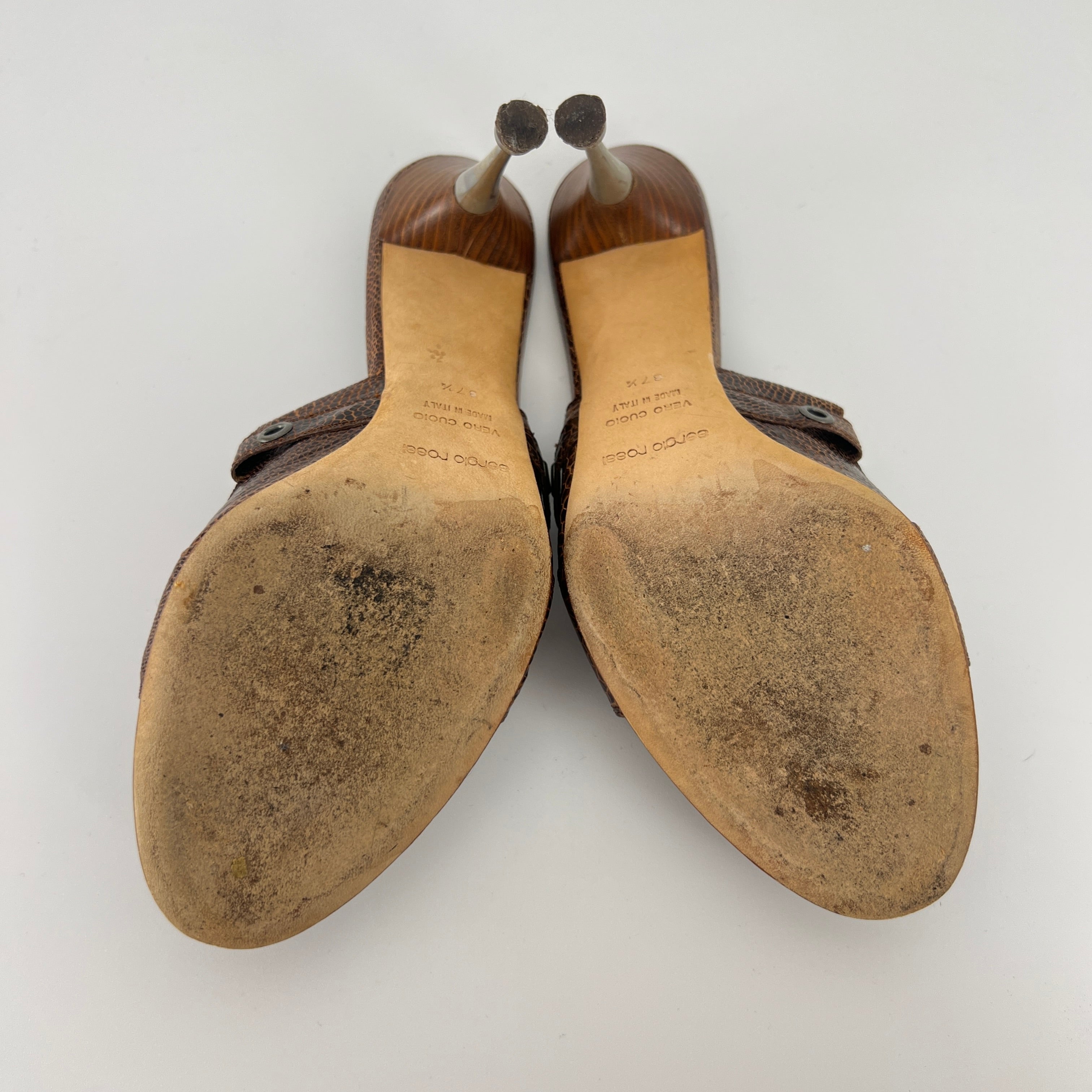 Sergio Rossi | Brown Snake Embossed Leather Silver Eyelet Mules (37.5)