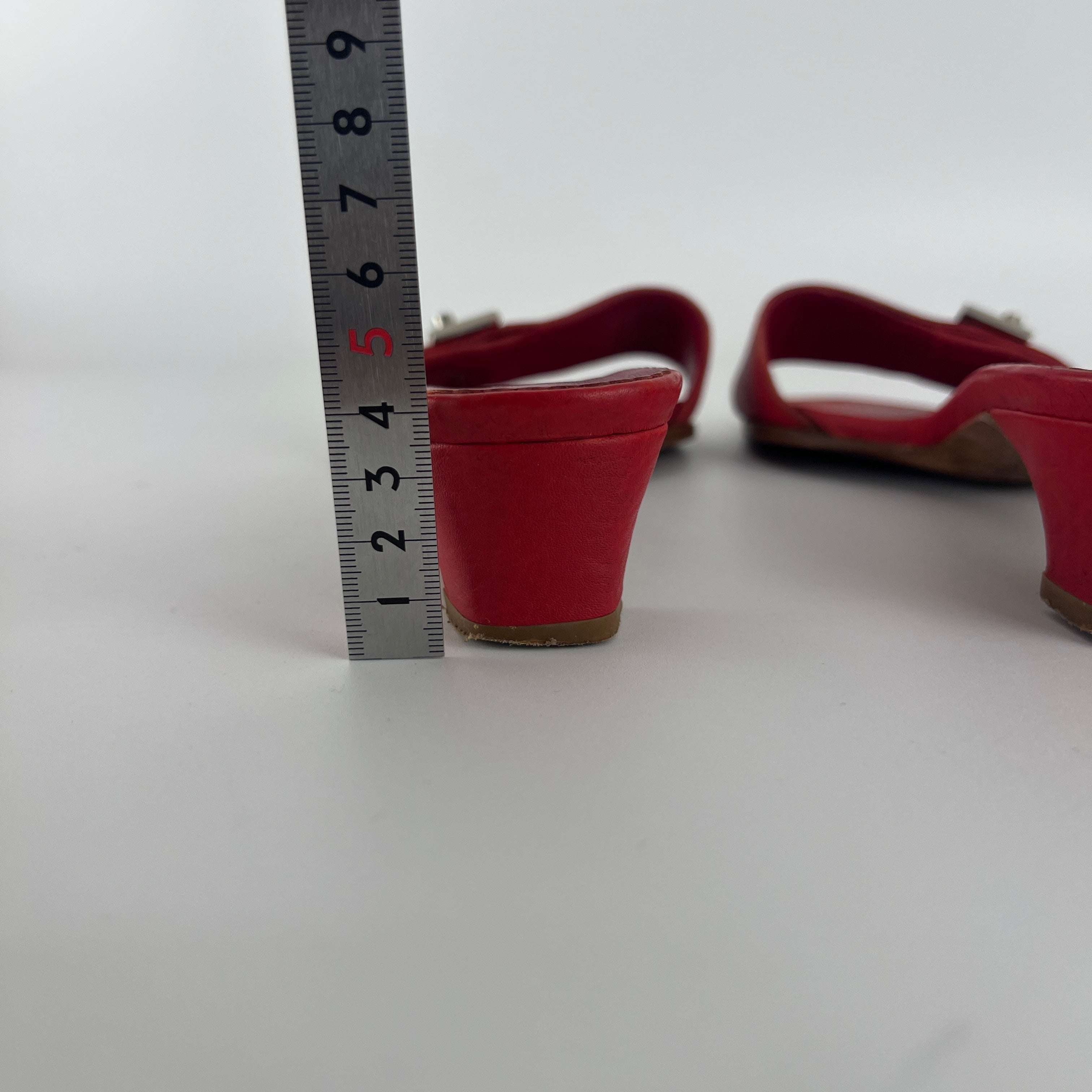 Prada | Vintage Red Leather Enamel Logo Plate Kitten Heel Slide Mule (37)
