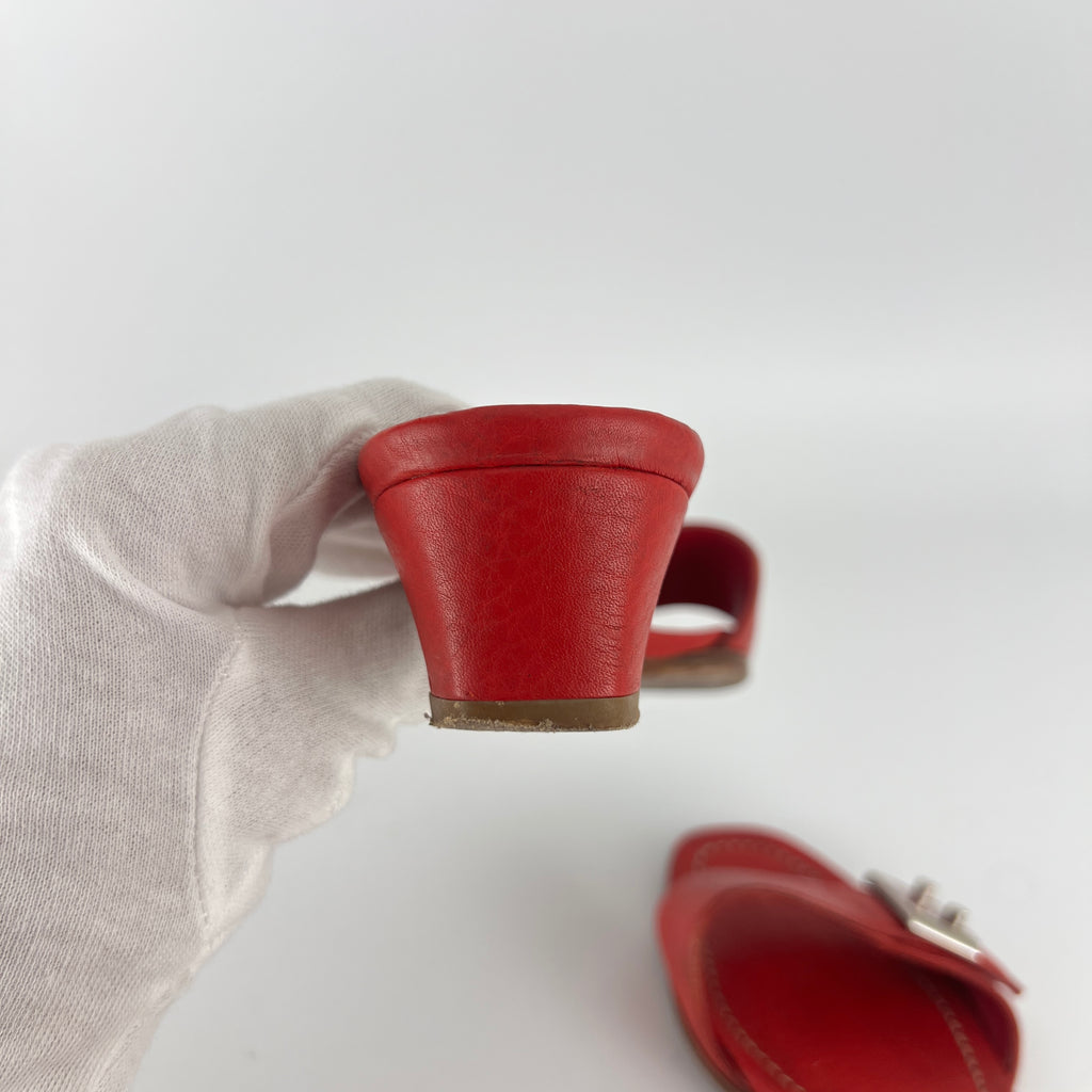 Prada | Vintage Red Leather Enamel Logo Plate Kitten Heel Slide Mule (37)
