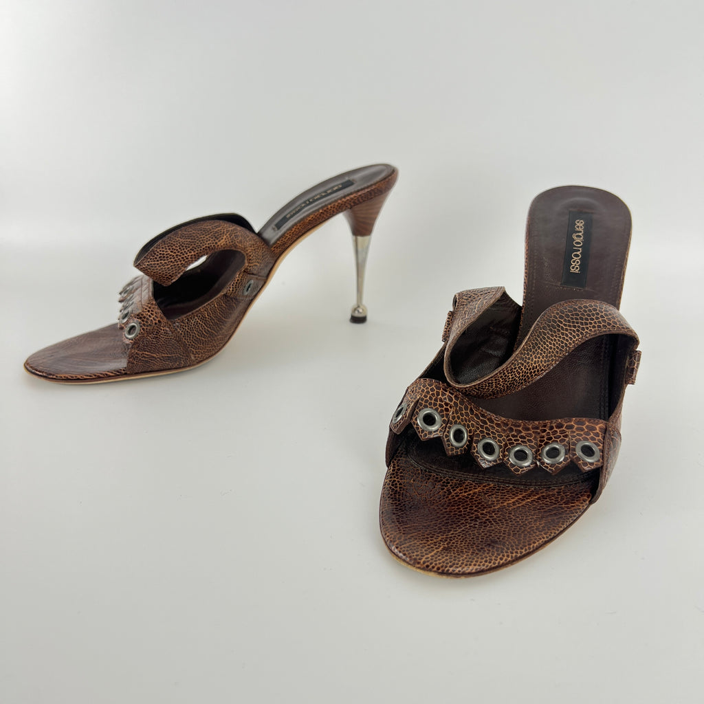 Sergio Rossi | Brown Snake Embossed Leather Silver Eyelet Mules (37.5)