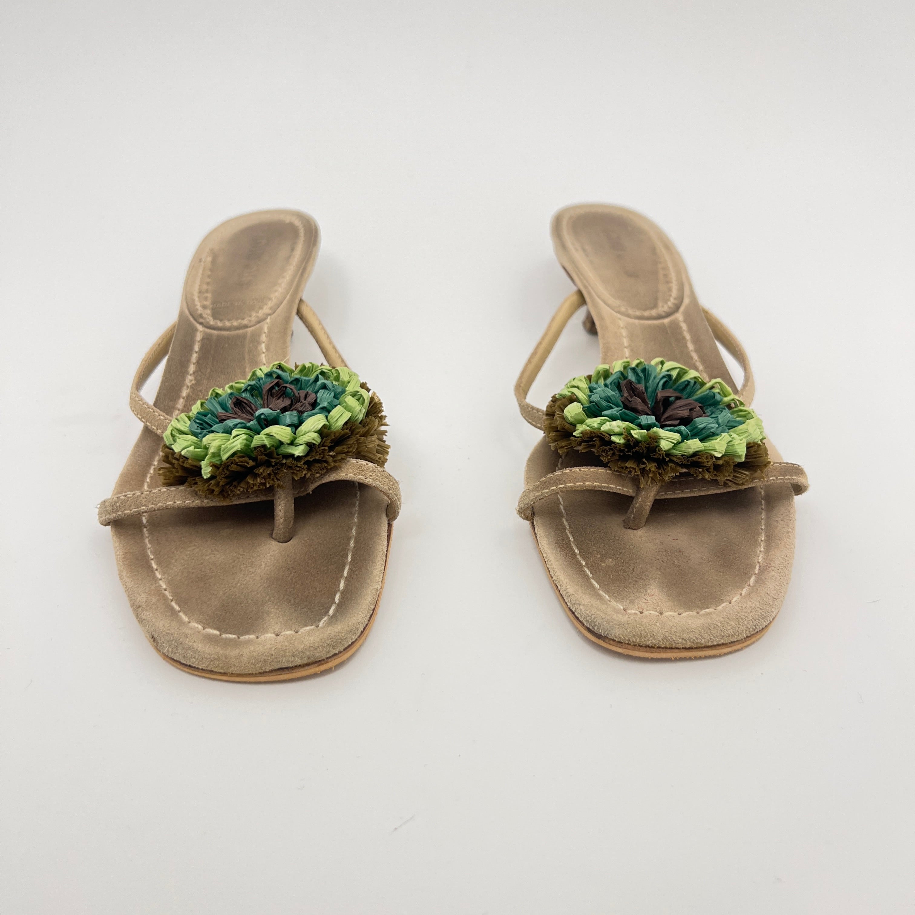 Miu Miu | Tan Beige Suede Leather Green Raffia Flower Kitten Heel Thong Mules Y2K (37)