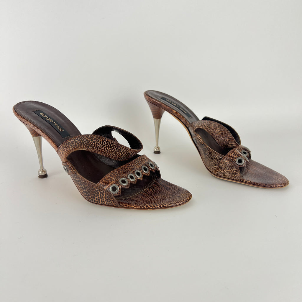 Sergio Rossi | Brown Snake Embossed Leather Silver Eyelet Mules (37.5)