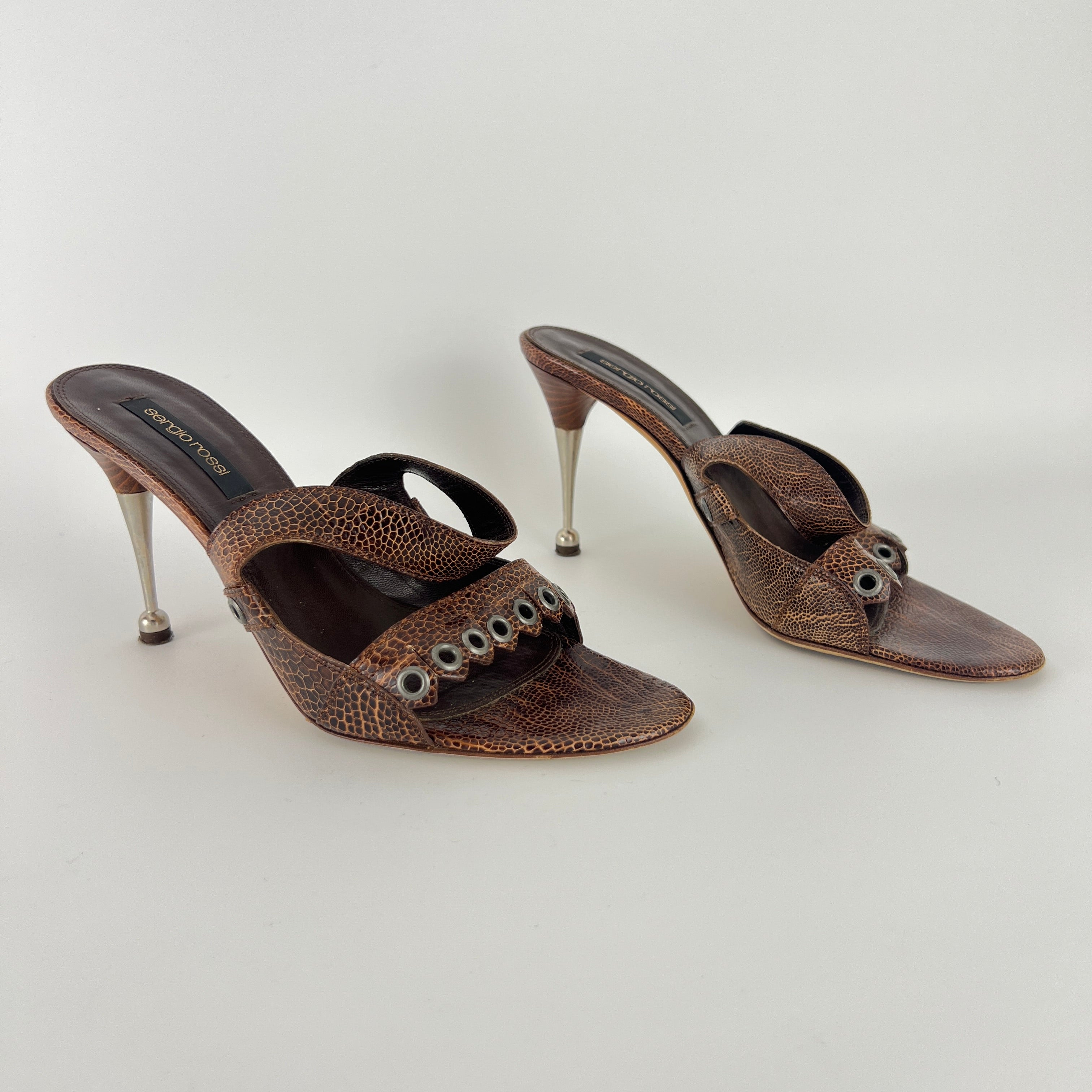 Sergio Rossi | Brown Snake Embossed Leather Silver Eyelet Mules (37.5)