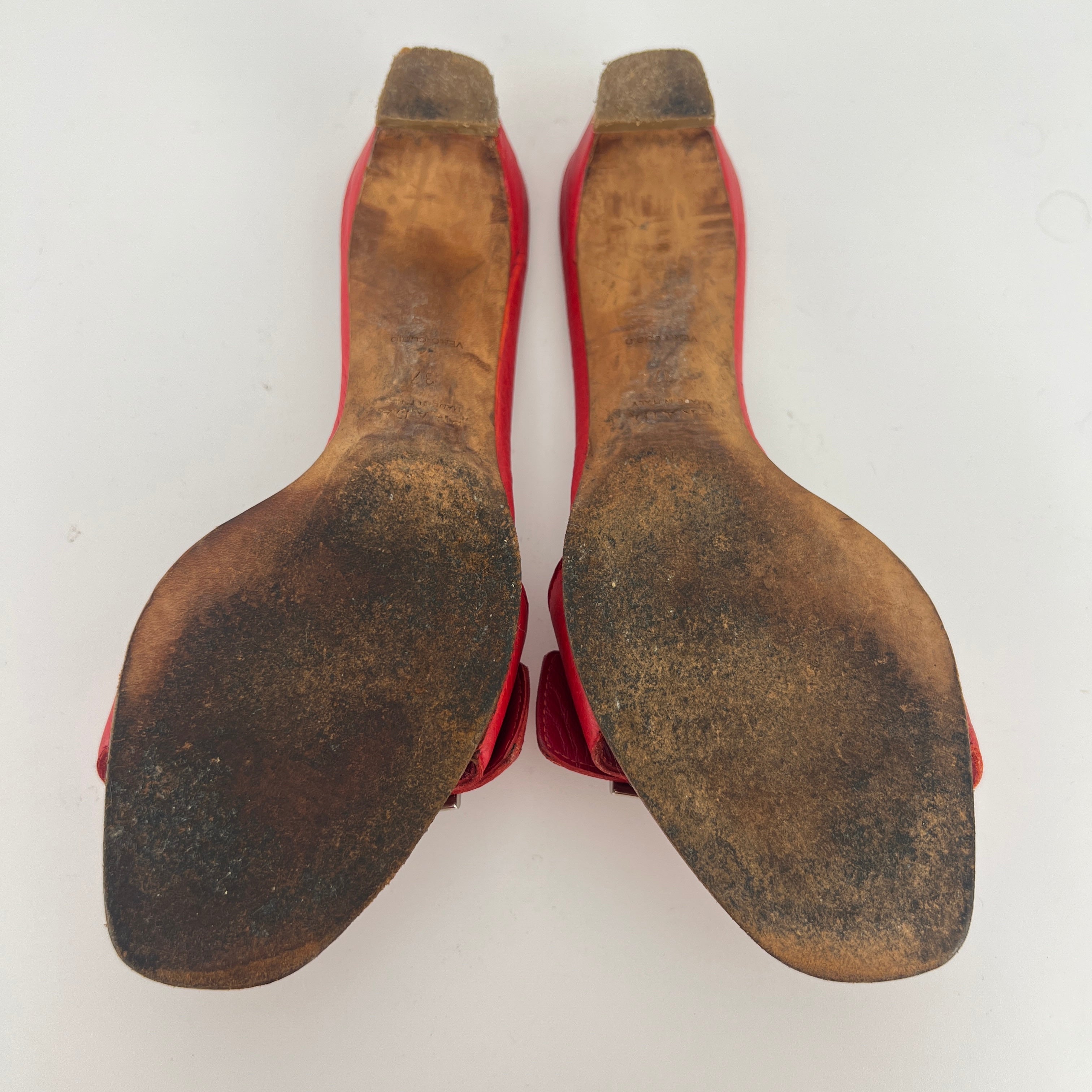Prada | Vintage Red Leather Enamel Logo Plate Kitten Heel Slide Mule (37)