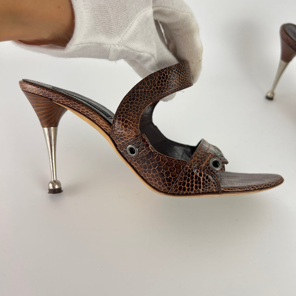 Sergio Rossi | Brown Snake Embossed Leather Silver Eyelet Mules (37.5)