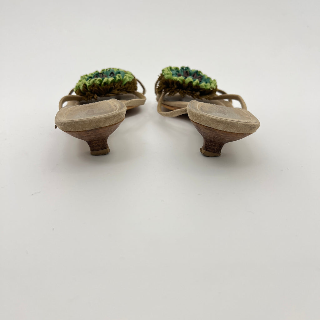 Miu Miu | Tan Beige Suede Leather Green Raffia Flower Kitten Heel Thong Mules Y2K (37)