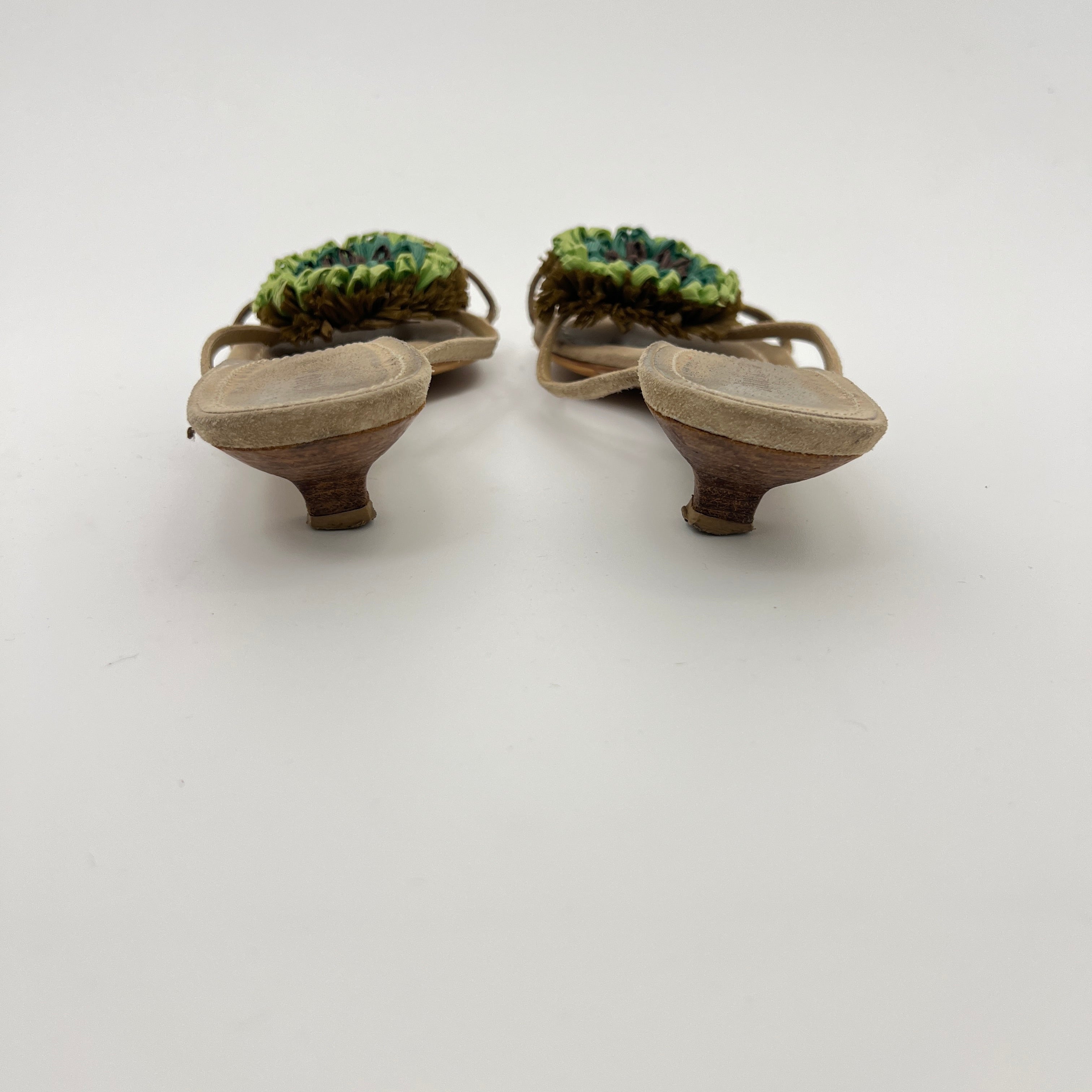 Miu Miu | Tan Beige Suede Leather Green Raffia Flower Kitten Heel Thong Mules Y2K (37)