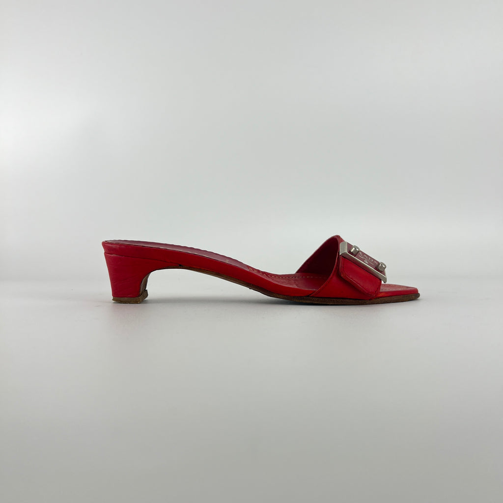 Prada | Vintage Red Leather Enamel Logo Plate Kitten Heel Slide Mule (37)