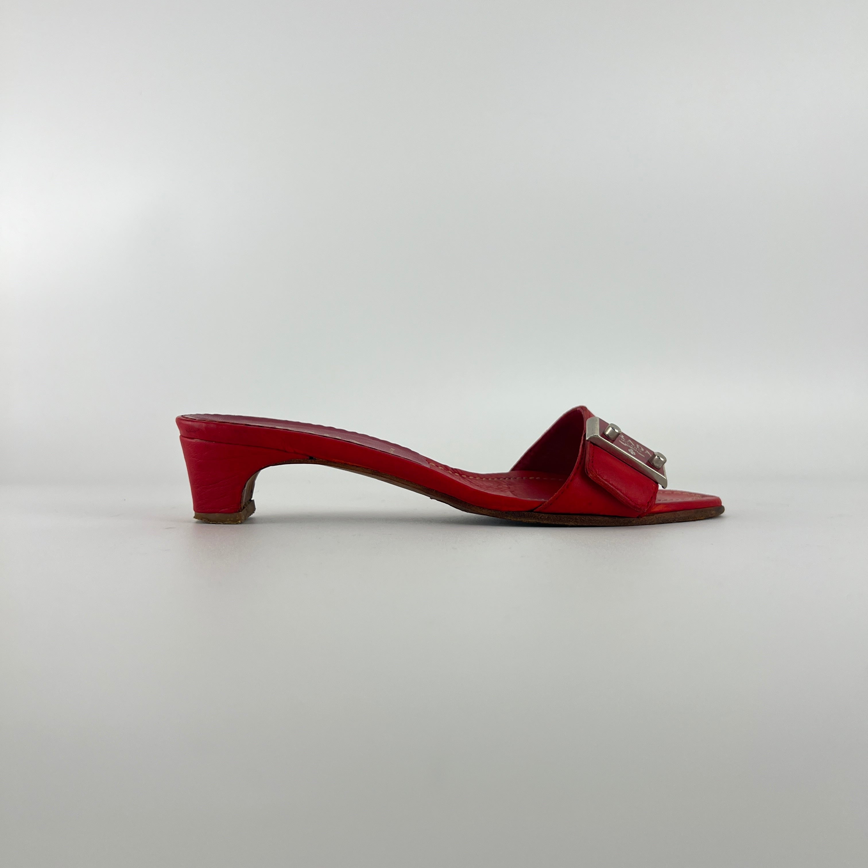 Prada | Vintage Red Leather Enamel Logo Plate Kitten Heel Slide Mule (37)