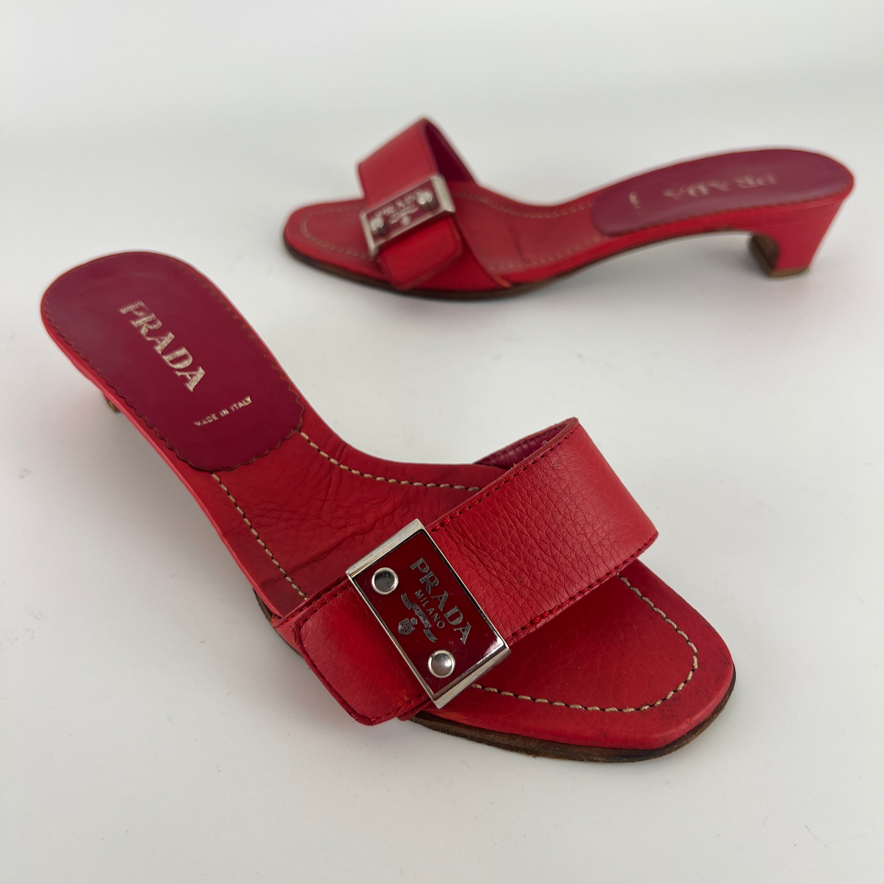 Prada | Vintage Red Leather Enamel Logo Plate Kitten Heel Slide Mule (37)