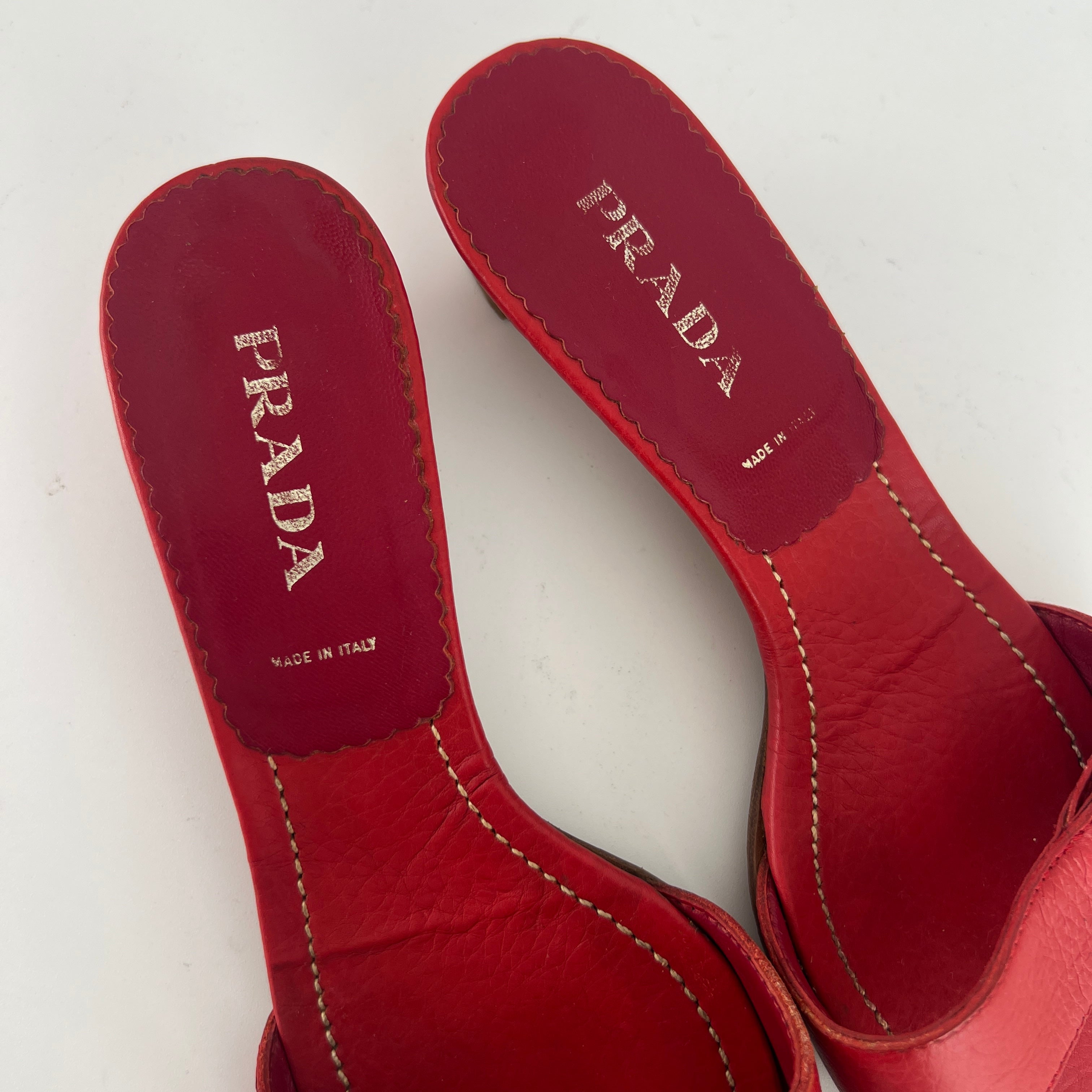 Prada | Vintage Red Leather Enamel Logo Plate Kitten Heel Slide Mule (37)