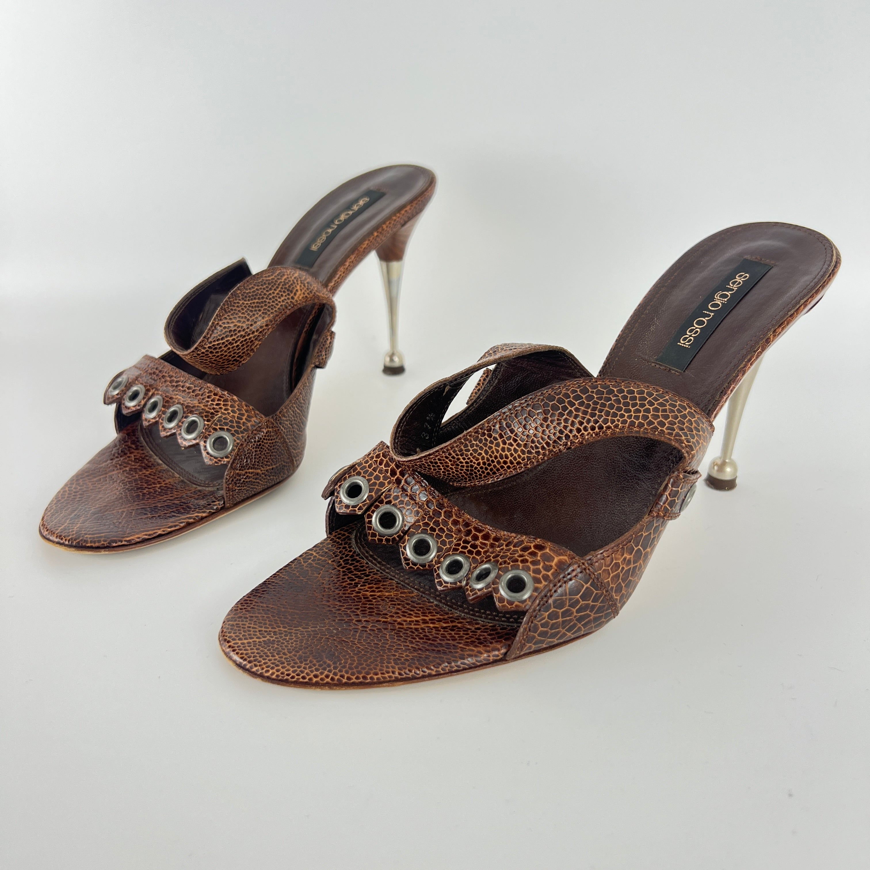 Sergio Rossi | Brown Snake Embossed Leather Silver Eyelet Mules (37.5)