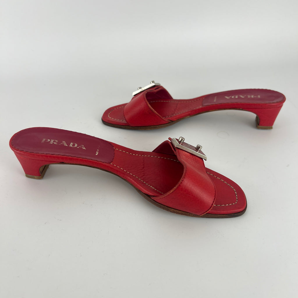 Prada | Vintage Red Leather Enamel Logo Plate Kitten Heel Slide Mule (37)