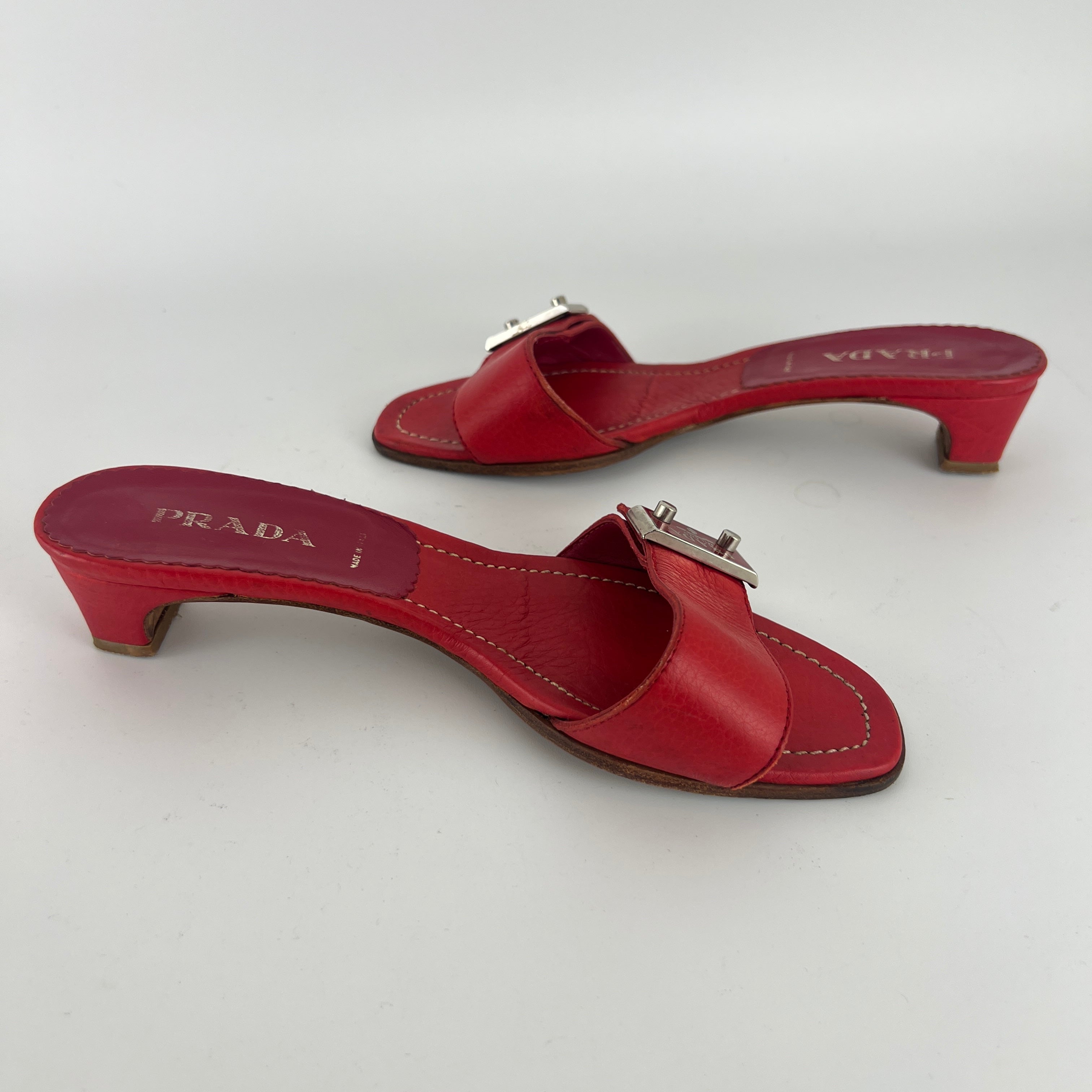 Prada | Vintage Red Leather Enamel Logo Plate Kitten Heel Slide Mule (37)