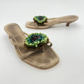 Miu Miu | Tan Beige Suede Leather Green Raffia Flower Kitten Heel Thong Mules Y2K (37)